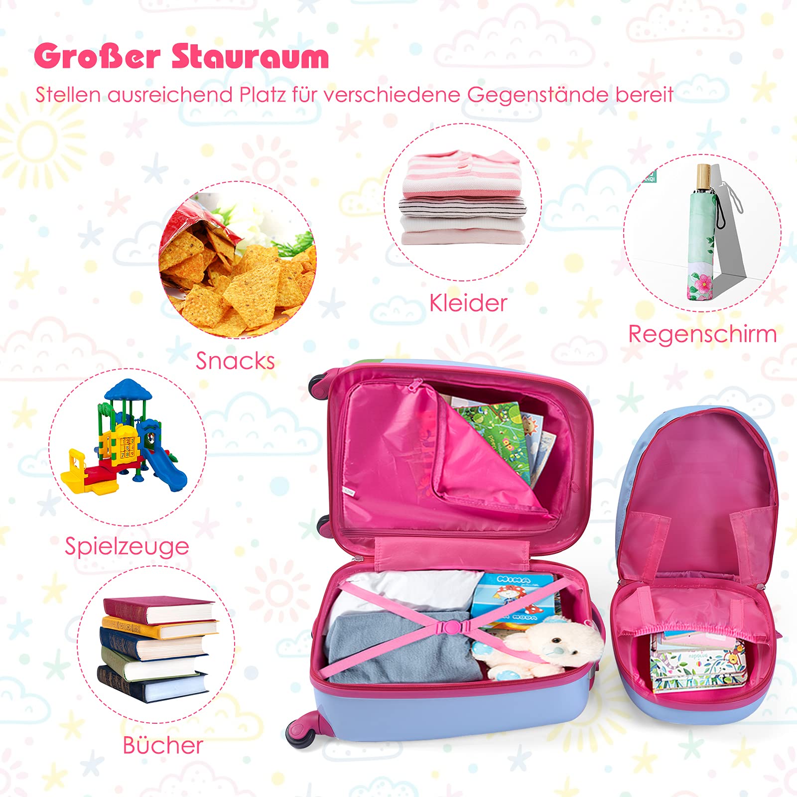 COSTWAY 2tlg Kinderkoffer + Rucksack, Kindertrolley aus Kunststoff, Kindergepäck, Kinder Kofferset Handgepäck Reisegepäck Hartschalenkoffer für Jungen und Mädchen (Eule, 12"+16")