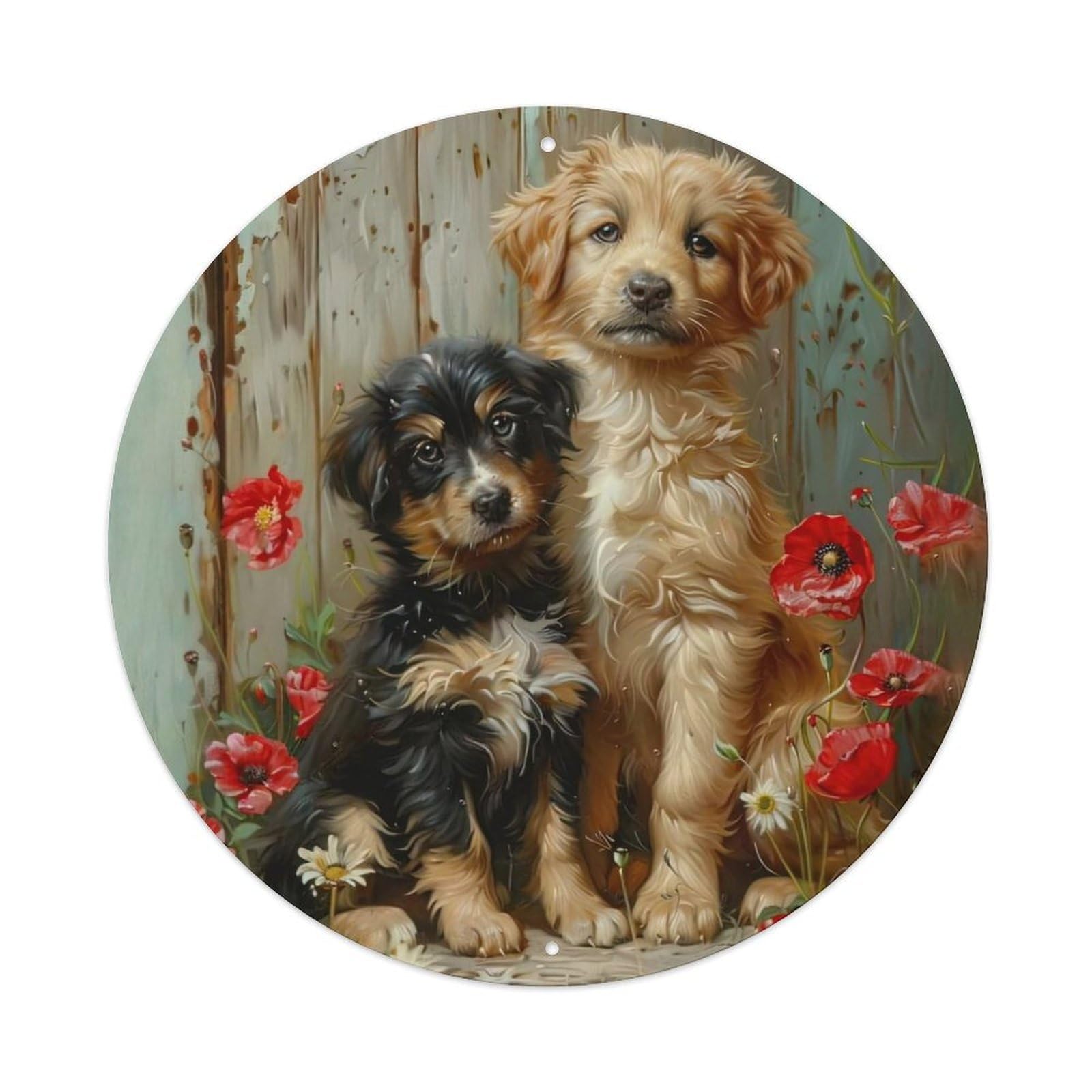 Vintage Animal Puppies in Rustic Garden with Poppies And Daisies Vintage Metal Tin Sign Plaque Wall Decor for Cafe, Club Bar, Office, Garden Metal Poster 8x8Inch