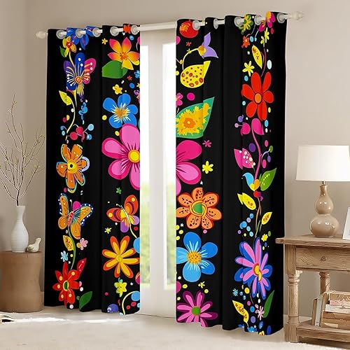 Miniatura 53 de Erosebridal Cortinas retro de los años 60 y 70 de 84 x 63 pulgadas, cortinas opacas rústicas de flores psicodélicas para hombre y mujer, diseño