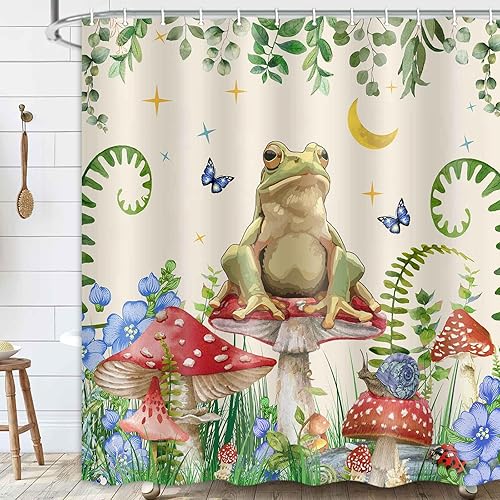 Miniatura 23 de JAWO Cortina de ducha de hongos, cortinas de ducha bohemias con diseño floral, diseño de rana divertida, juego de accesorios de baño con ganchos, 69
