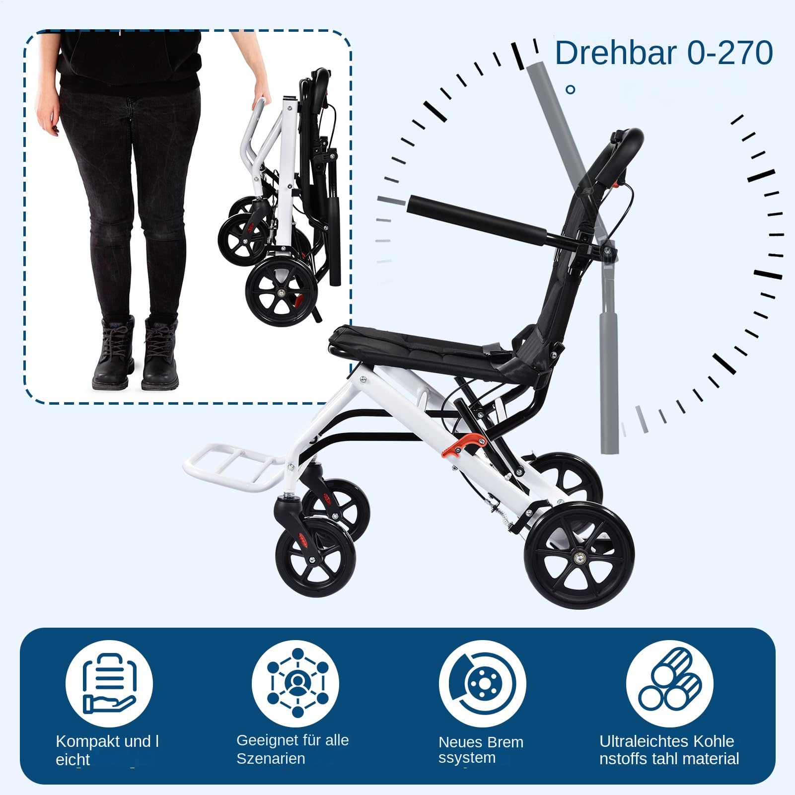 Silla de ruedas plegable de 8,2 kg – Silla de ruedas ligera con freno de mano, silla de ruedas para personas mayores y ancianos, soporta 100 kg, ayuda compacta para movilidad interior y exterior