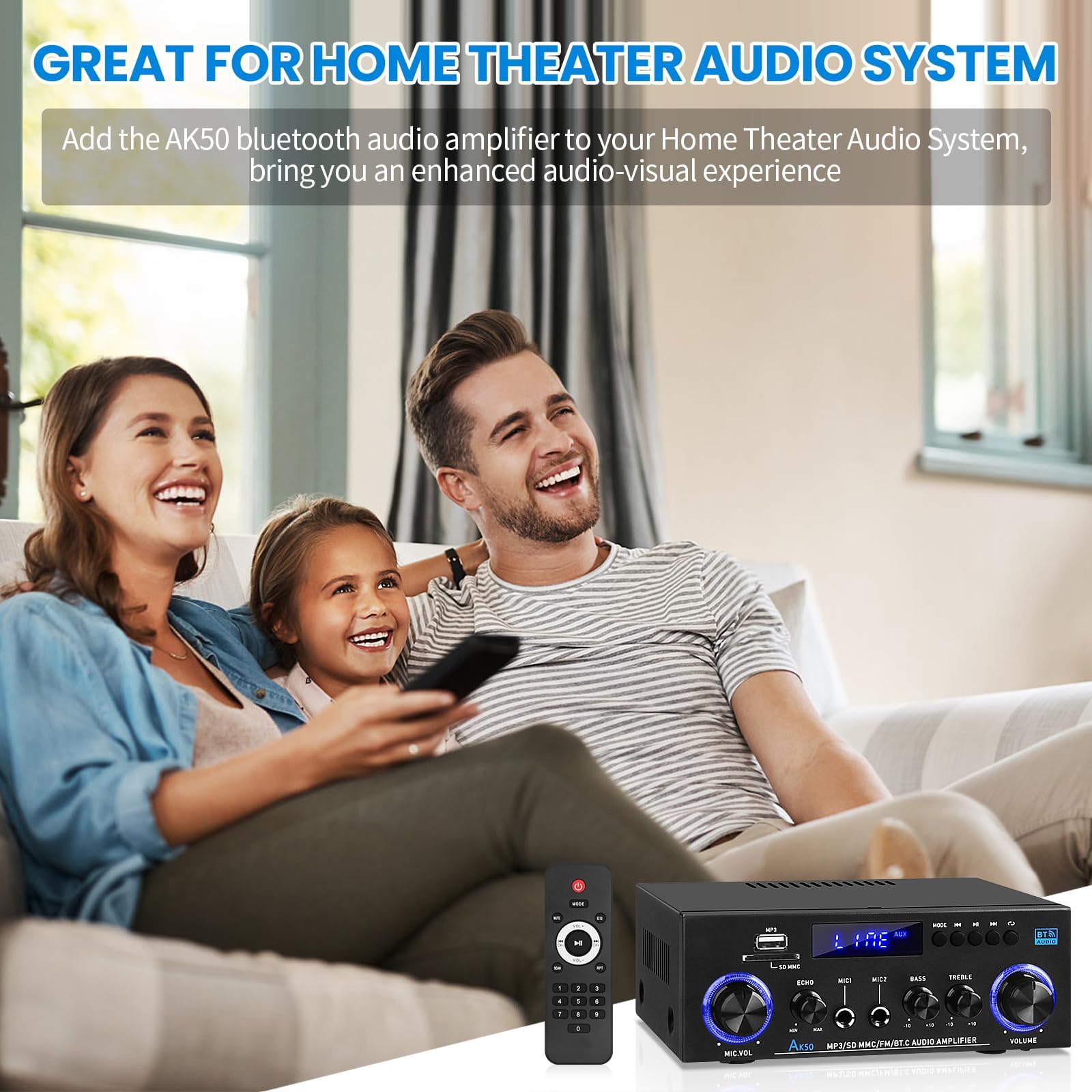 AK50 - Amplificador Hi-Fi con Bluetooth RMS 60WX2 - Amplificador de audio estéreo | Receptor de 2.0 canales, máx. 400 W, amplificador de altavoz con radio FM, eco, micrófono, USB, entrada SD para el hogar