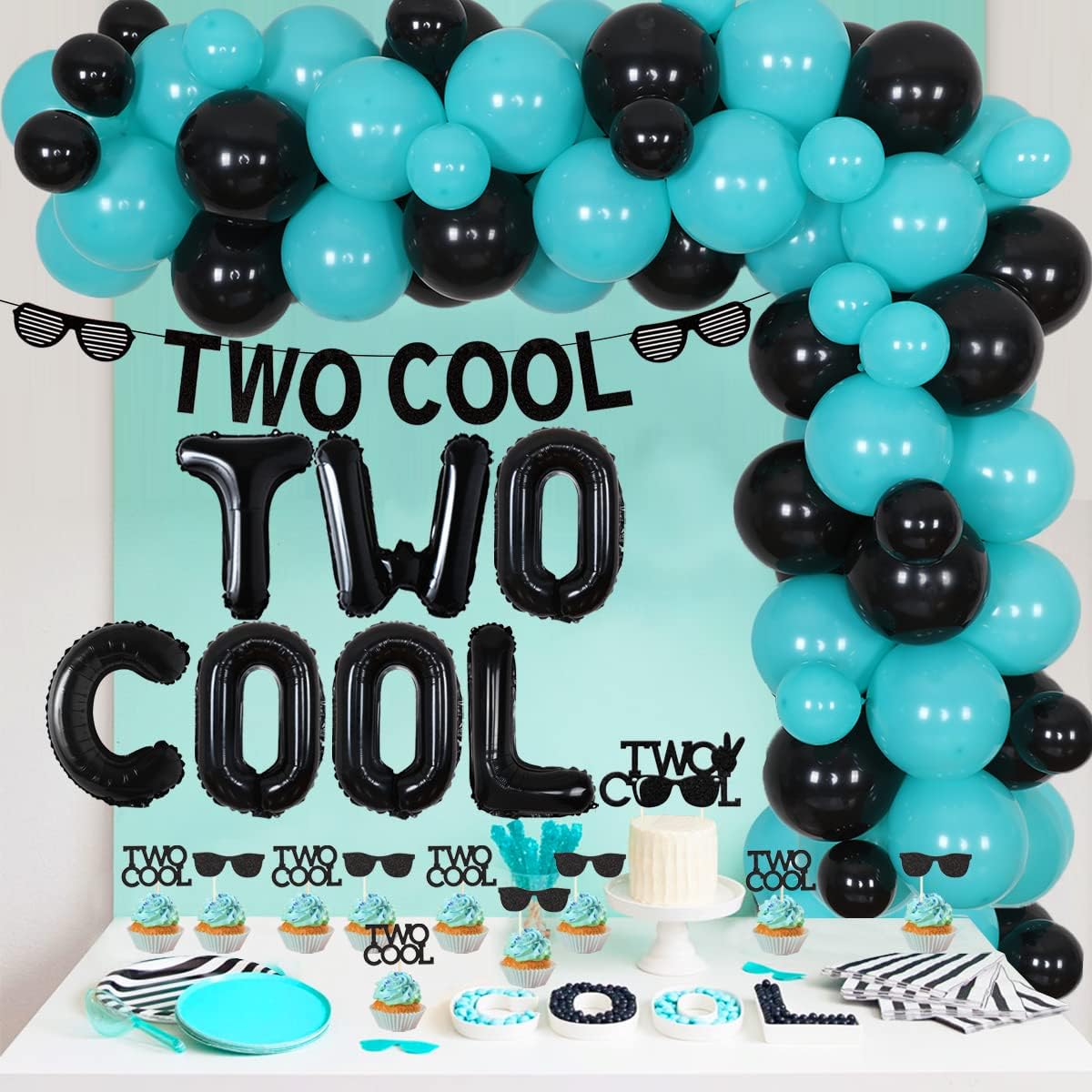 Two Cool Birthday Decorations for Boys Two Cool Sunglasses Banner Teal and Black Balloon Arch Kit 2nd Cake and Cupcake Toppers for Little Man 2 Years Old Birthday Party - Image 5