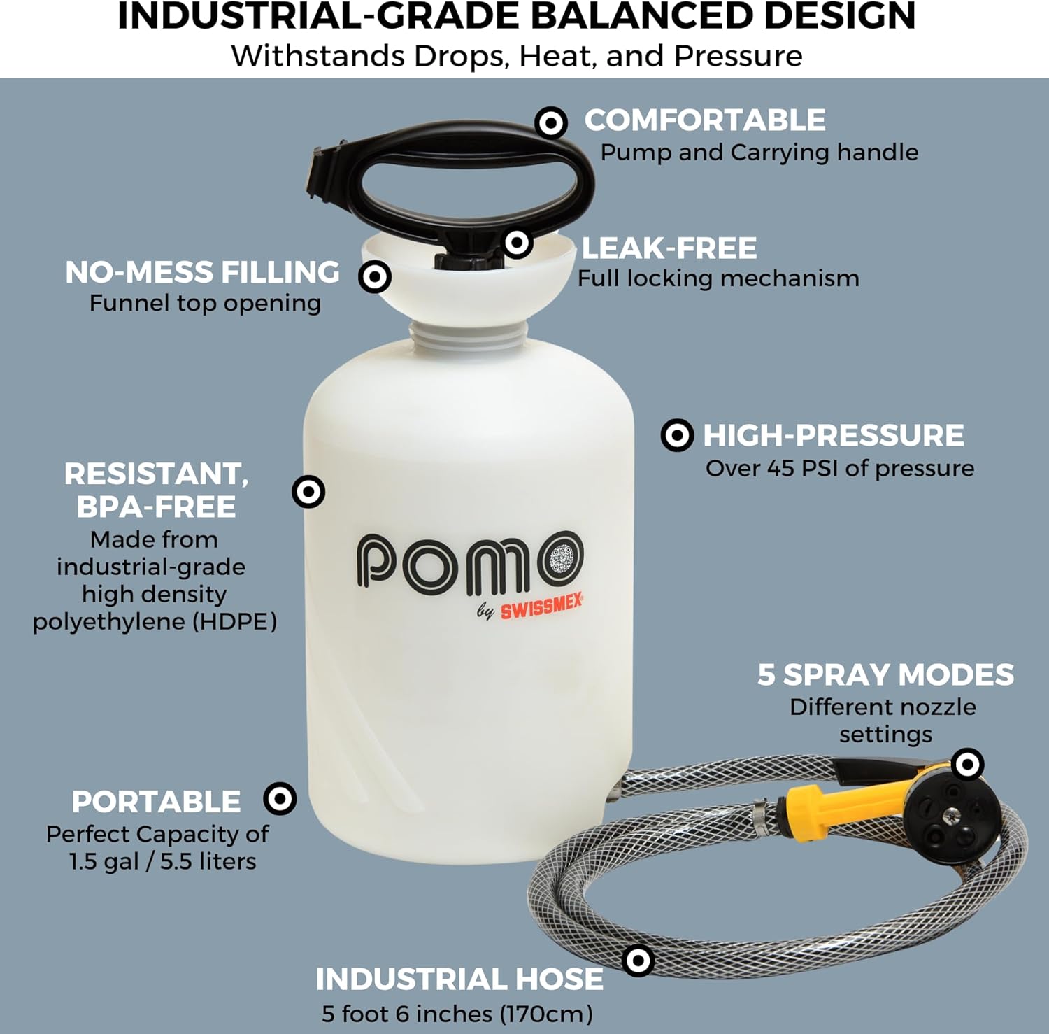 Pomo High Pressure 5L Portable Shower, Outdoor Shower, Camping Shower, Surf Rinse Kit, Beach Shower, Dog Wash, Boat Rinse, Car Shower, 1.5 Gallon Multi-use Sprayer, Hand Pump 45 PSI - No Power Needed!
