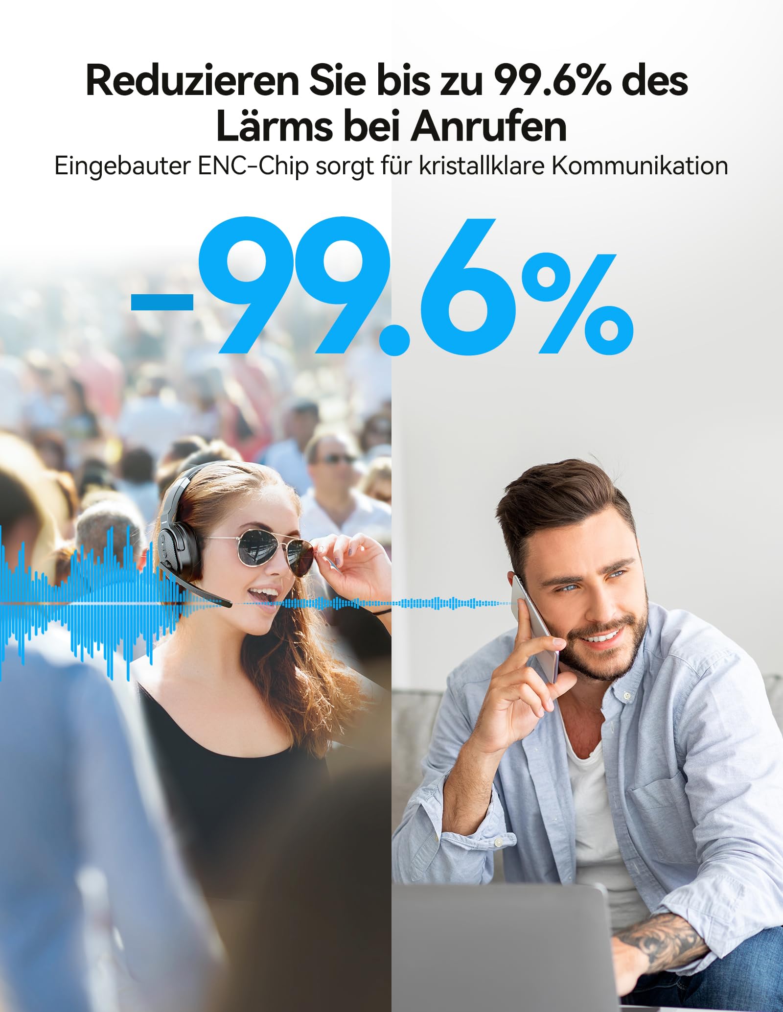 TECKNET Bluetooth Headset mit Mikrofon, Single und Dual Noise Cancelling Headset Kabellos mit USB Dongle, 3 EQ Musikmodi, Over Ear Kopfhörer Kabellos Bluetooth für Office, Home, Zoom