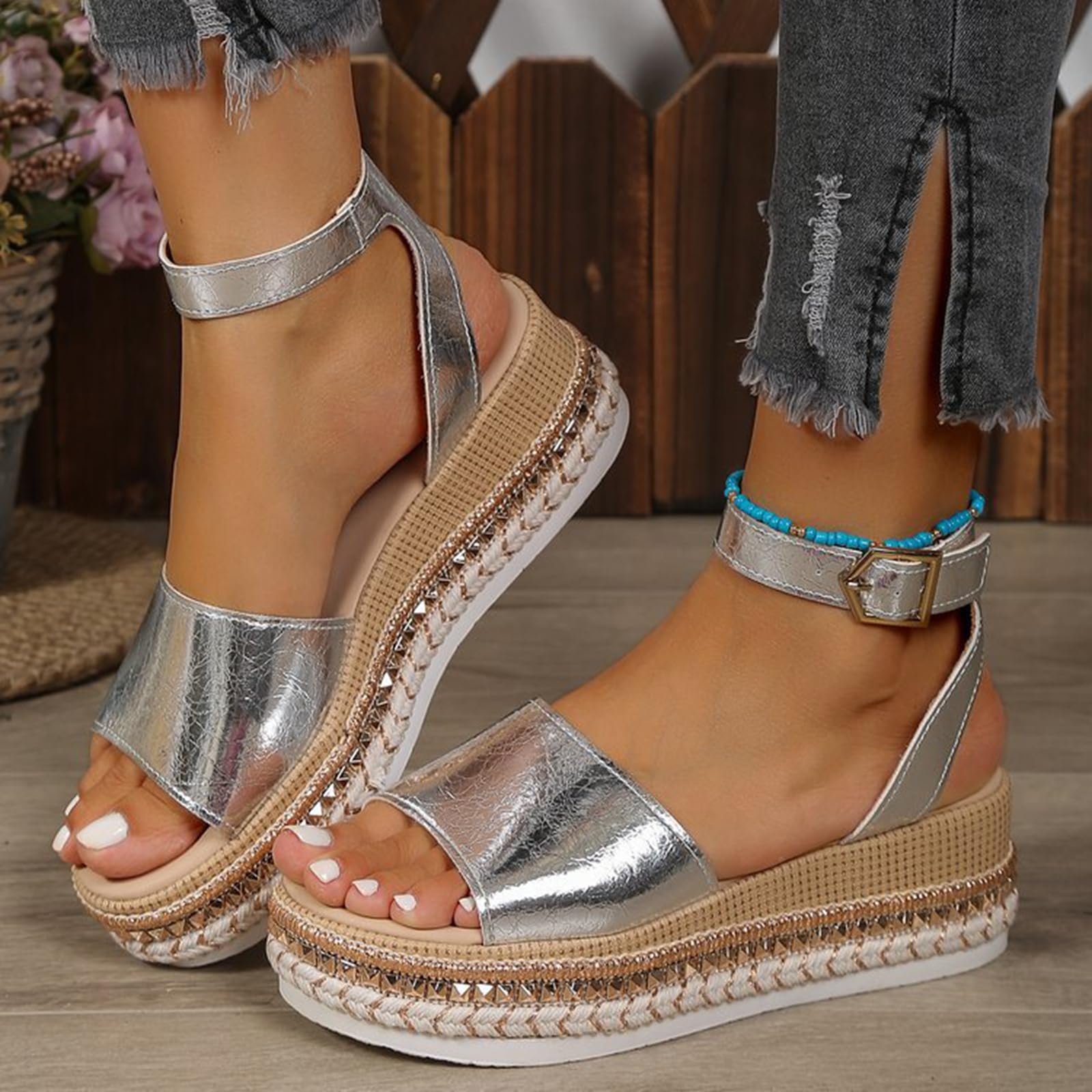 SACFOF Espadrillas da donna con plateau, casual, cinturino alla caviglia, sandali con zeppa, comodi, eleganti, con fibbia, scarpe estive