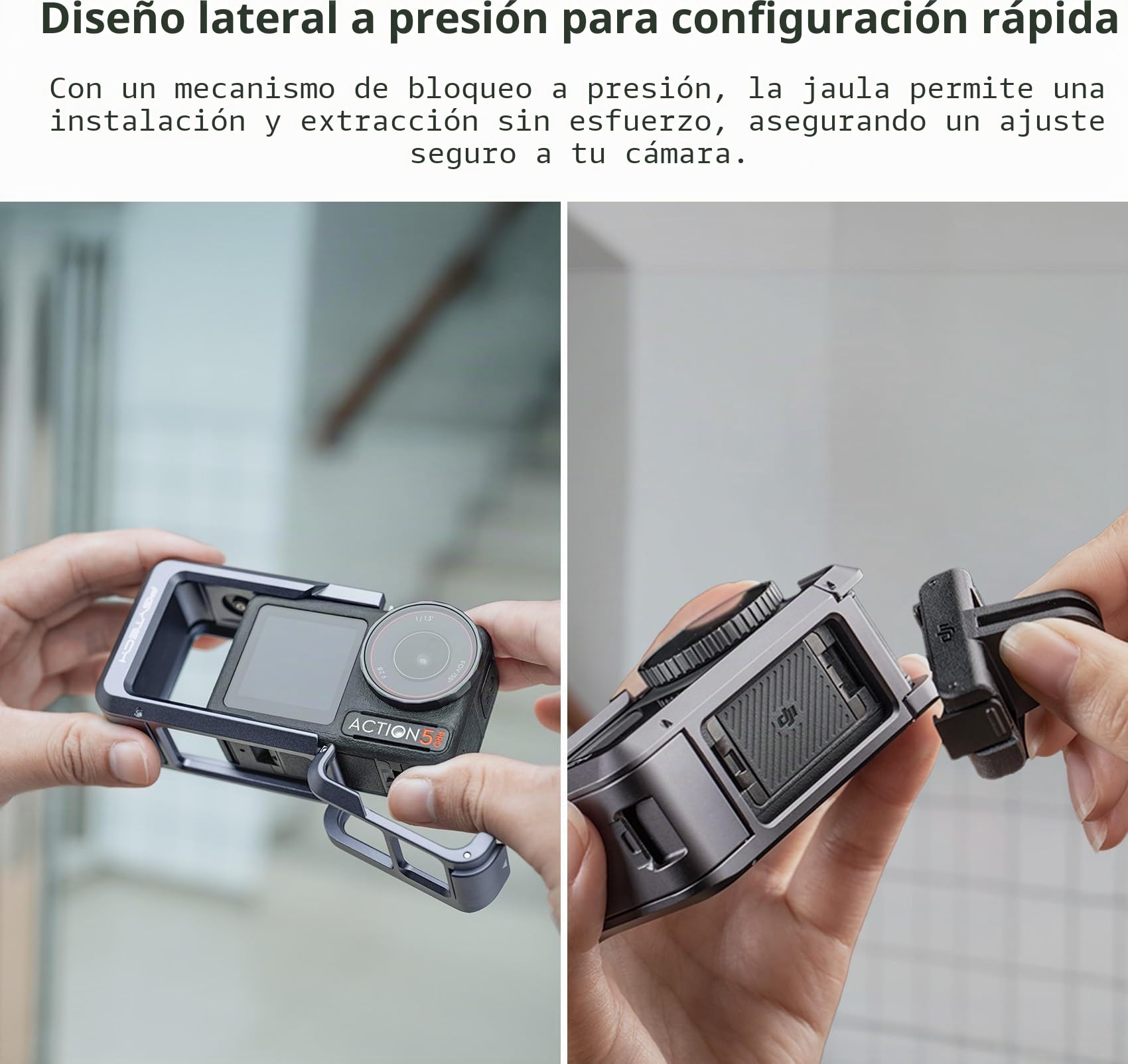 PGYTECH Jaula de Cámara para DJI OSMO Action 5 Pro Carcasa de Aleación Aluminio Marco Protector con Conector Magnético Liberación Rápida Orificio Rosca 1/4 Pulgada Zapata Fría Accesorios luz/micrófono