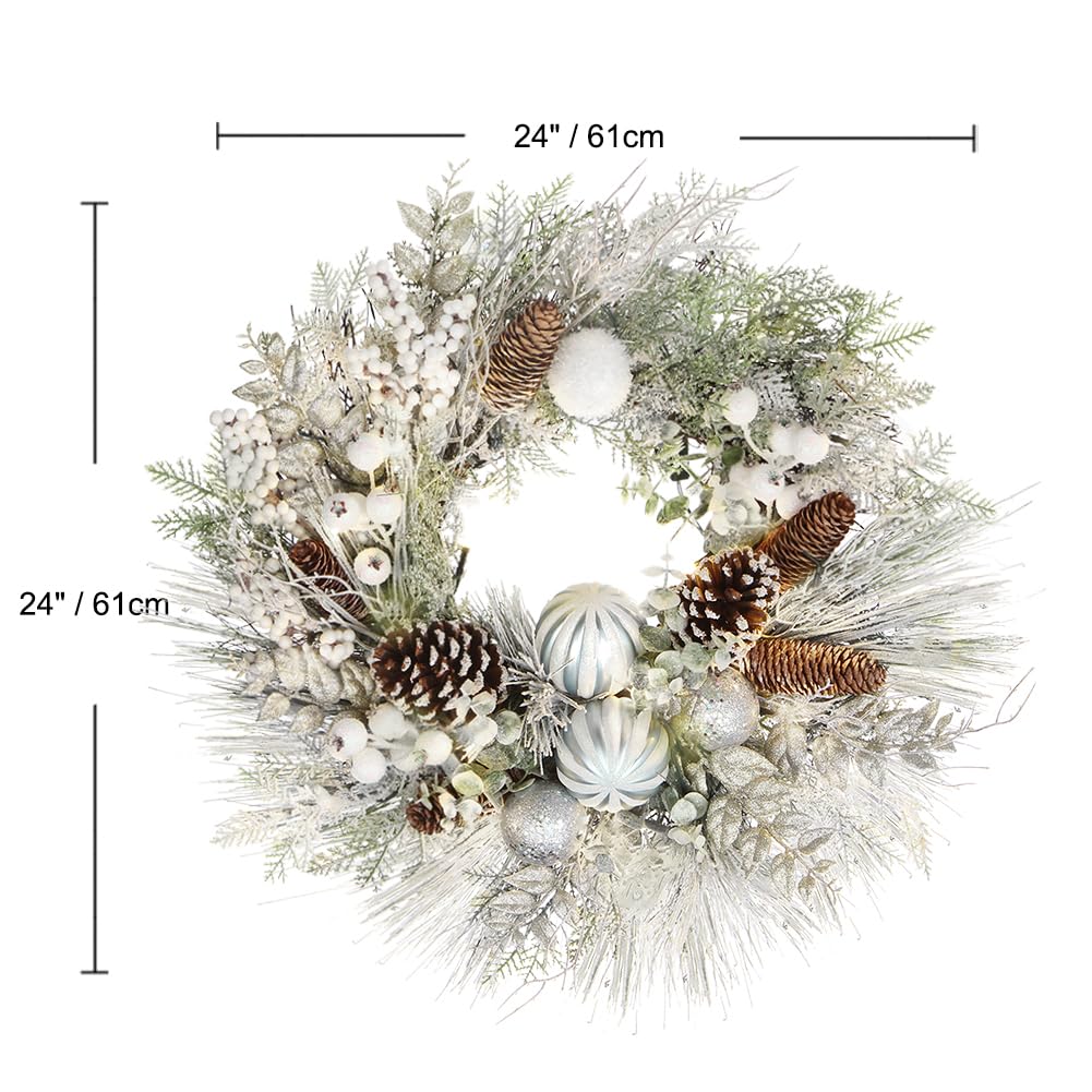 Couronne de Noël artificielle de 61 cm de diamètre avec boules de Noël décoratives, pommes de pin, baies pour porte d'entrée, décoration murale ou décoration de Noël, décoration d'hiver