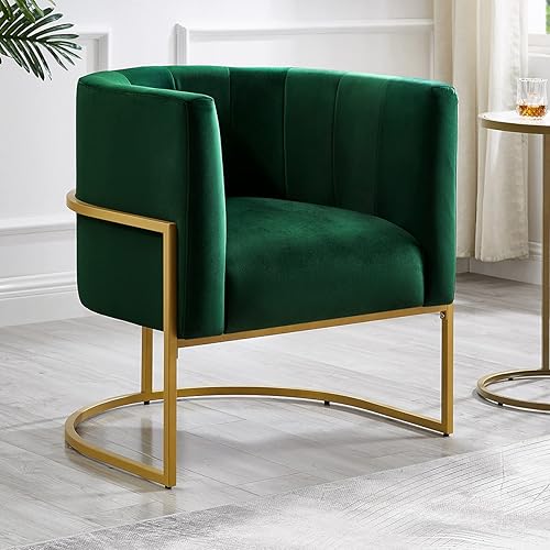 24KF Silla tapizada para sala de estar, moderna silla decorativa de terciopelo texturizado verde jade con soporte de metal dorado, color crema