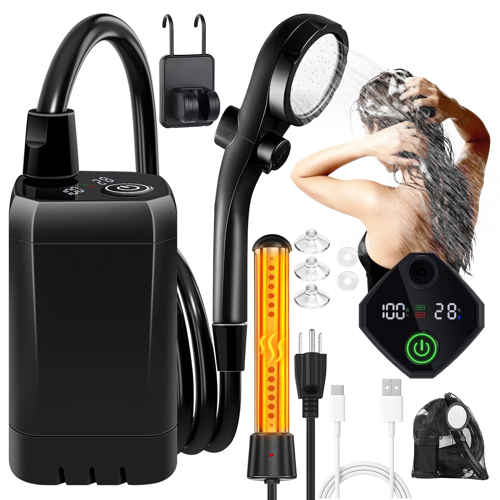 Doccia da campeggio portatile con riscaldatore da 2000 W, 6000 mAh, ricaricabile da campeggio, con alimentazione digitale, 3 modalità di spruzzo, pompa da campeggio impermeabile IPX7 per