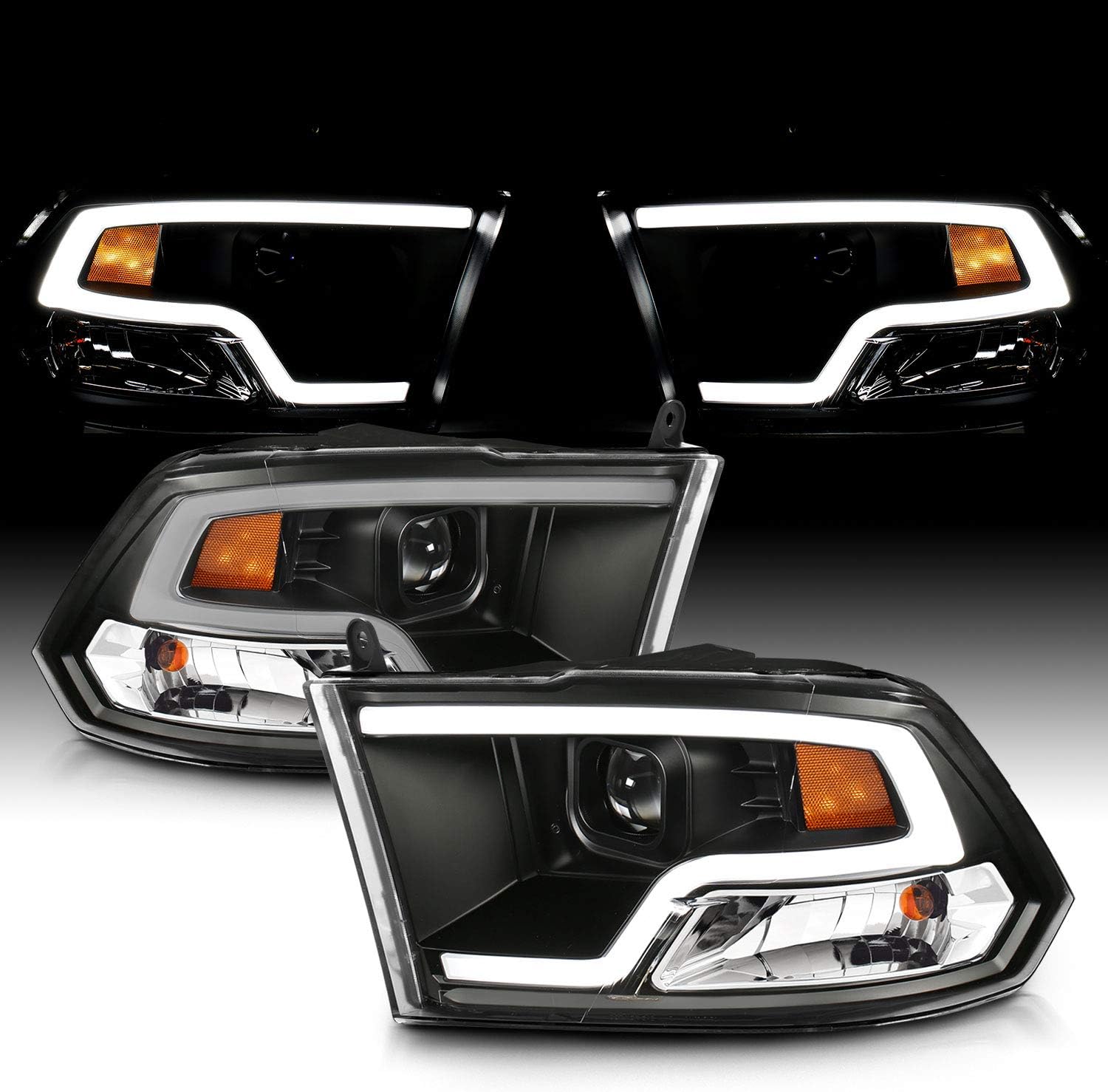 AmeriLite LED Plank Tube Black Square Projector Headlights Assembly pair