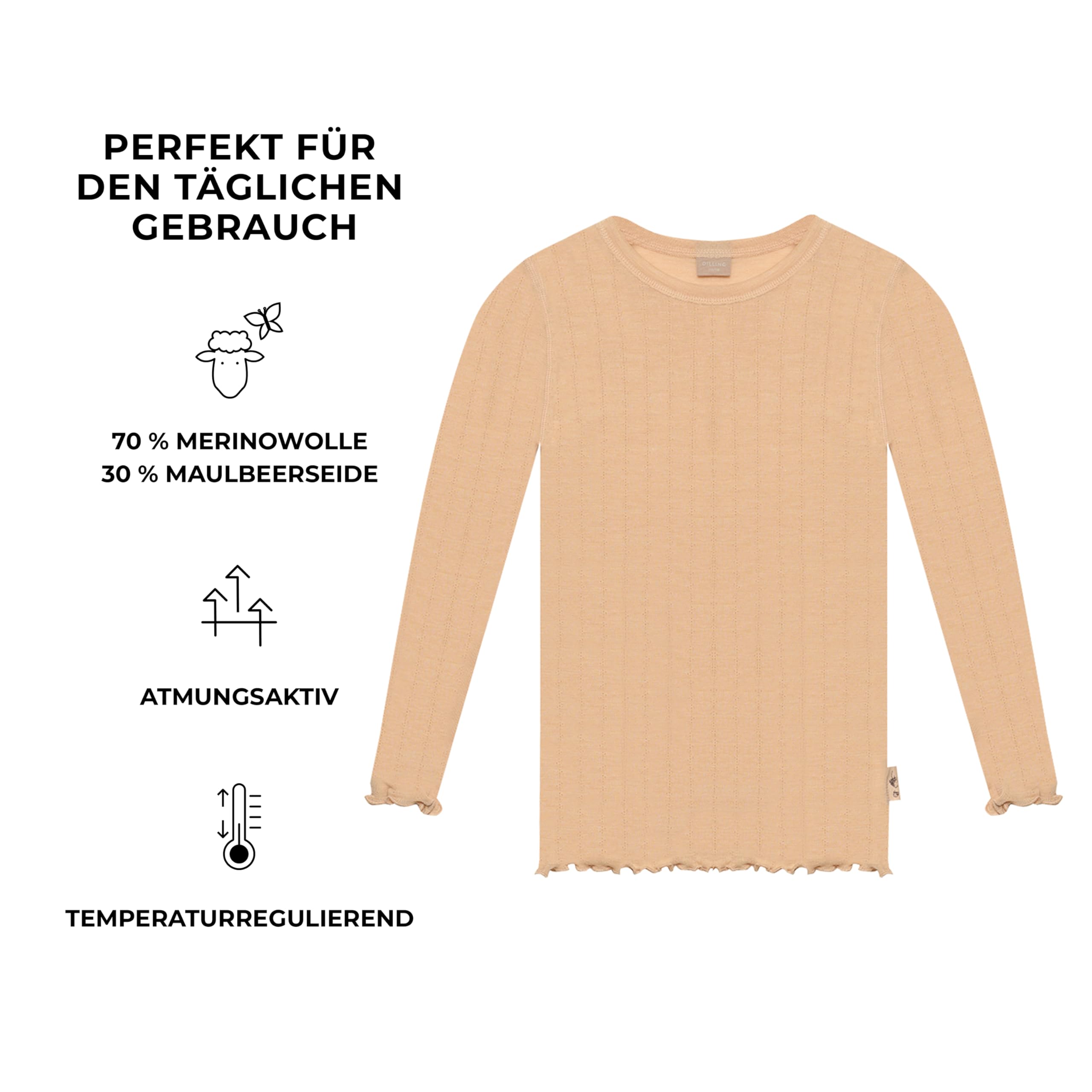 Dilling Kinder Langarmshirt Bio-Merinowolle Seide Pointelle Baselayer Unterwäsche temperaturregulierend und atmungsaktiv