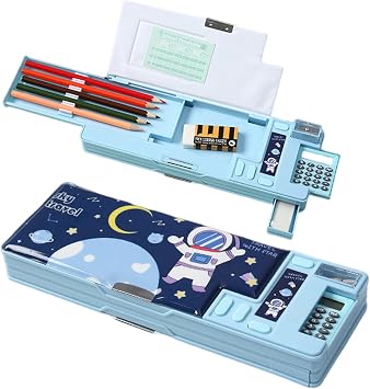 Pop Up Multifunction Pencil Case, Compartment Pencil Case Cute Cartoon Pen Box Organizer Stationery with Calculators, Sharpener, Schedule, School Supplies (Blue)