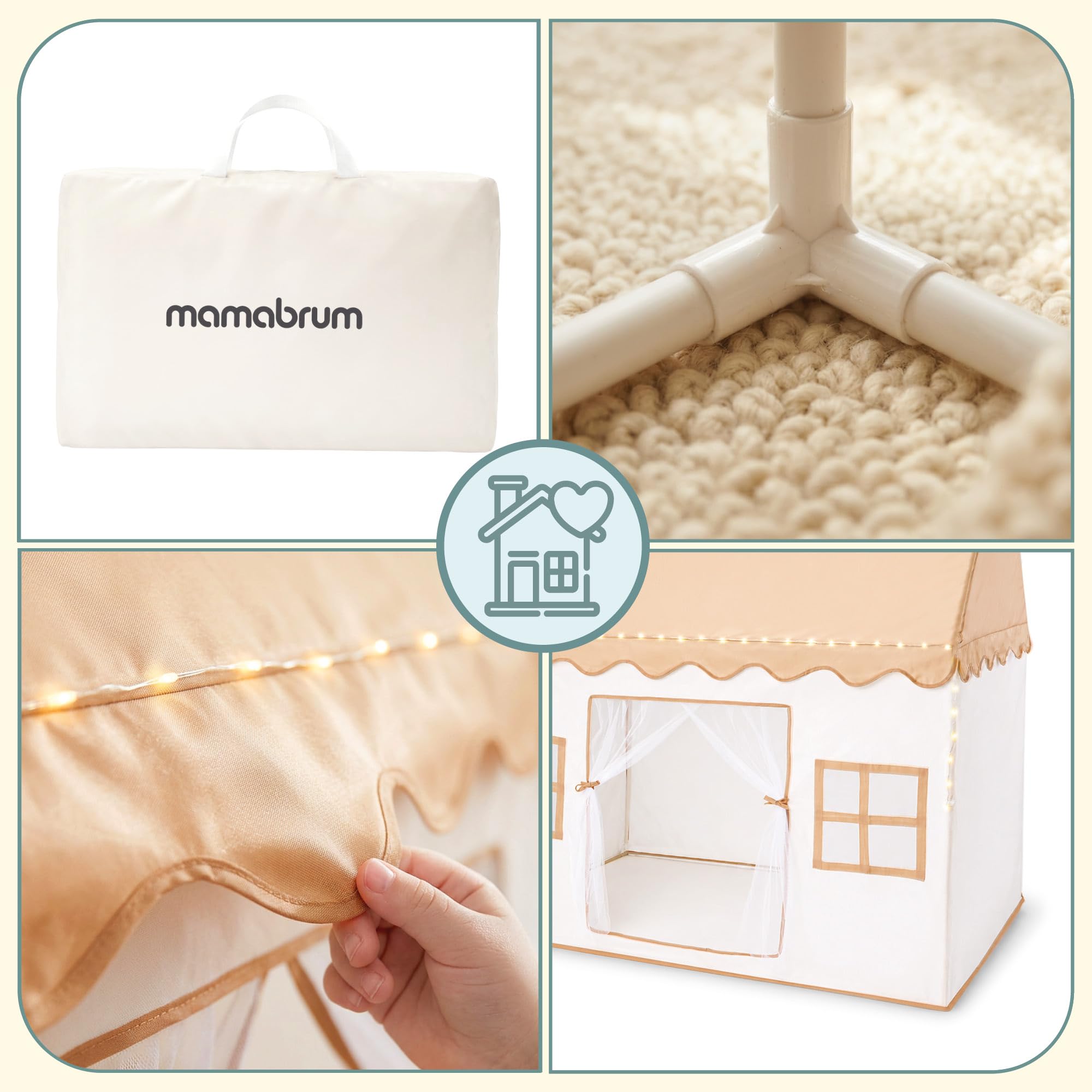 mamabrum XXL Spielhaus Zelt für Kinder aus Polyester mit LED Beleuchtung und Fenstern, Skandinavischer Stil, Indoor und Outdoor, Beige, 95 × 125 × 130 cm