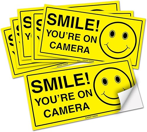 (Conjunto de 6) cartel de vinilo autoadhesivos "Smile You're On Camera", de 2 pulgadas x 4 pulgadas, LAMINADOS para una máxima protección