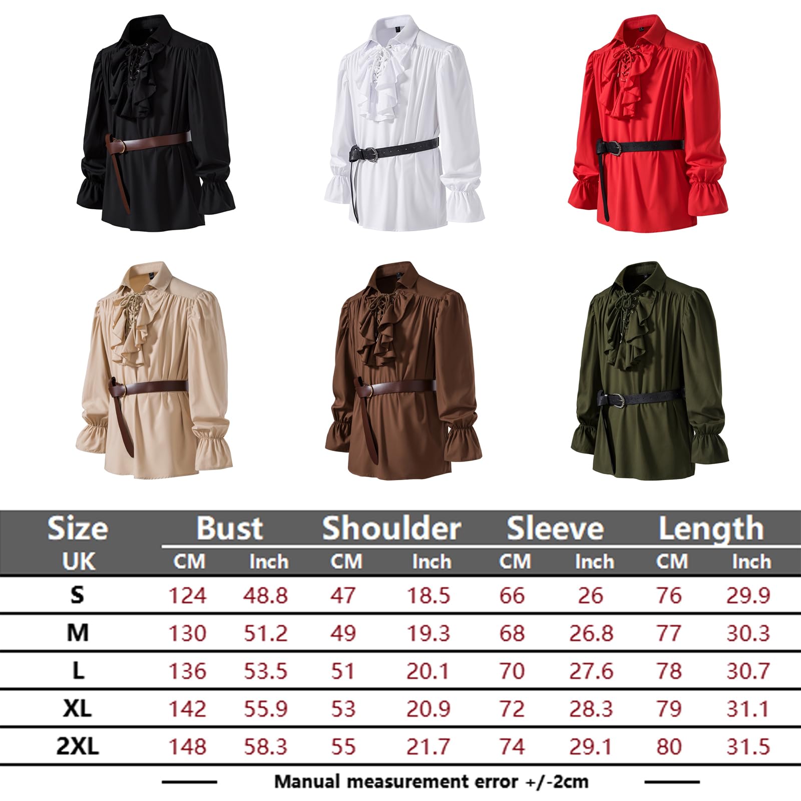 Camicia da uomo retrò rinascimentale steampunk vittoriano manica lunga colletto jabot pirata medievale pizzo top