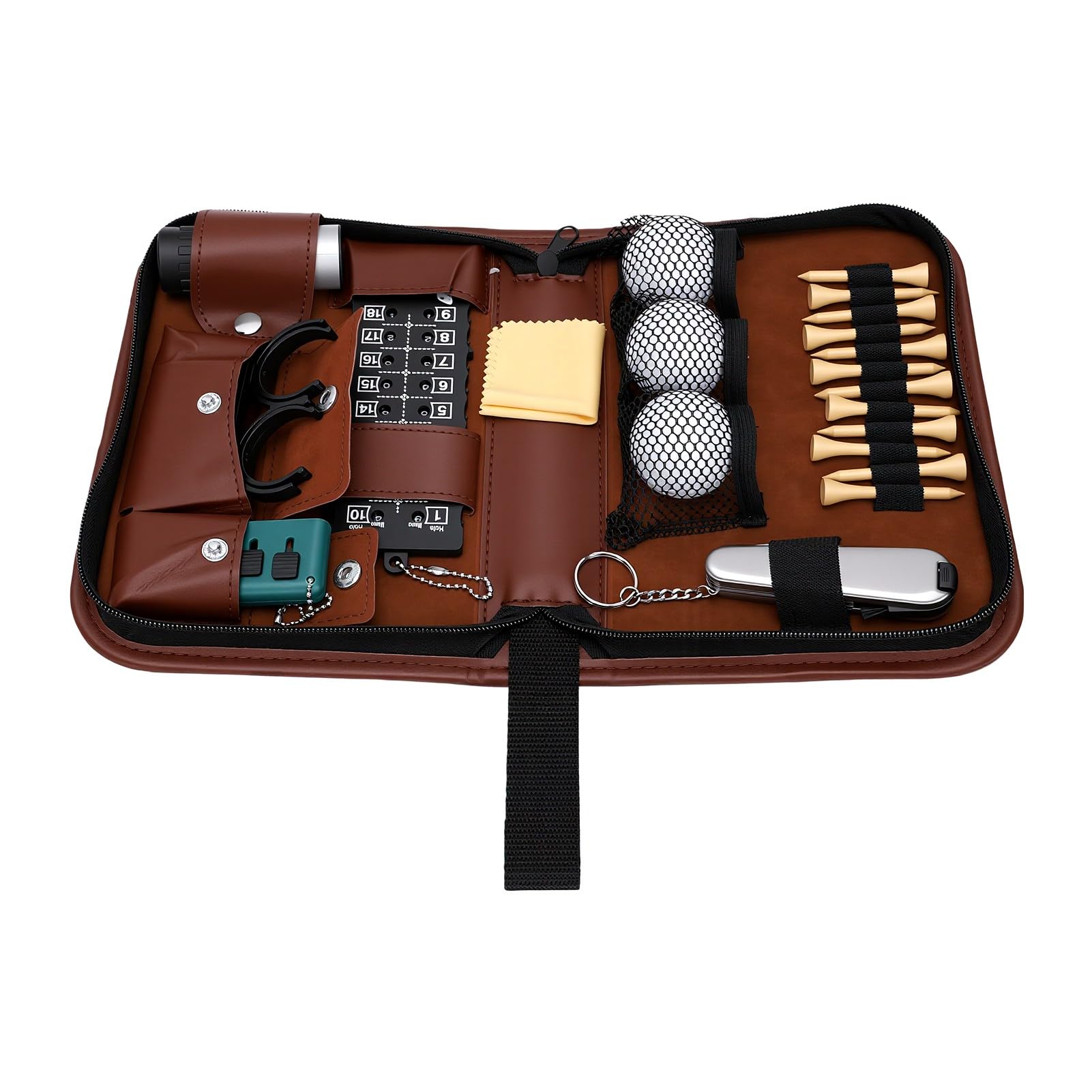 SIXRUN Golf Tee Set, Golfzubehör mit PU Leder Tragetasche, 3 Bälle und 12 | Verschleißfester Organizer, Tragbare Golftasche mit Bürste und Entfernungsm.