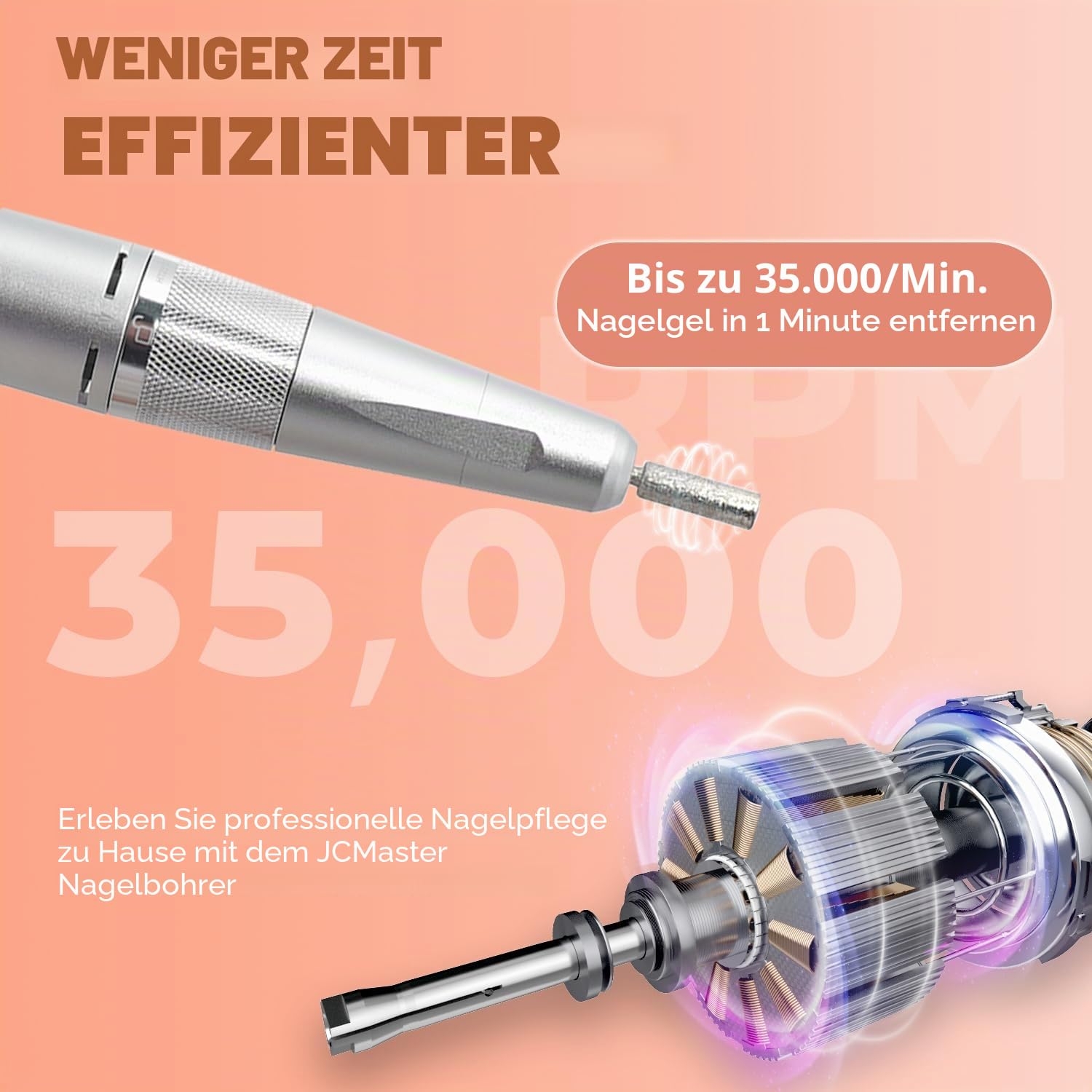 Nagelfräser JCMaster Profi, Fräser Nägel 35.000 U/Min, tragbare Elektrische Nagelfeile für Gelnägel Acrylnägel mit wiederaufladbare Batterie, elektrische Nagelfräser, inkl 12x Bits, Knopfsteuerung