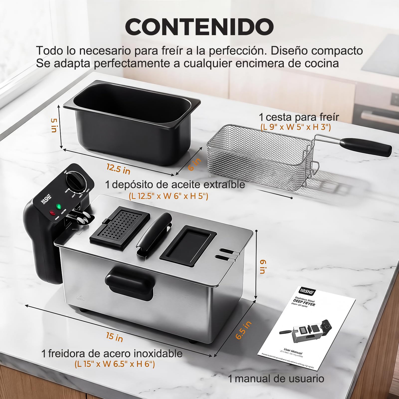 Freidora eléctrica de 3,2 L con ventana de visualización, freidora de acero inoxidable de 1500 W con control de temperatura, cesta extraíble y depósito de aceite, fácil de limpiar