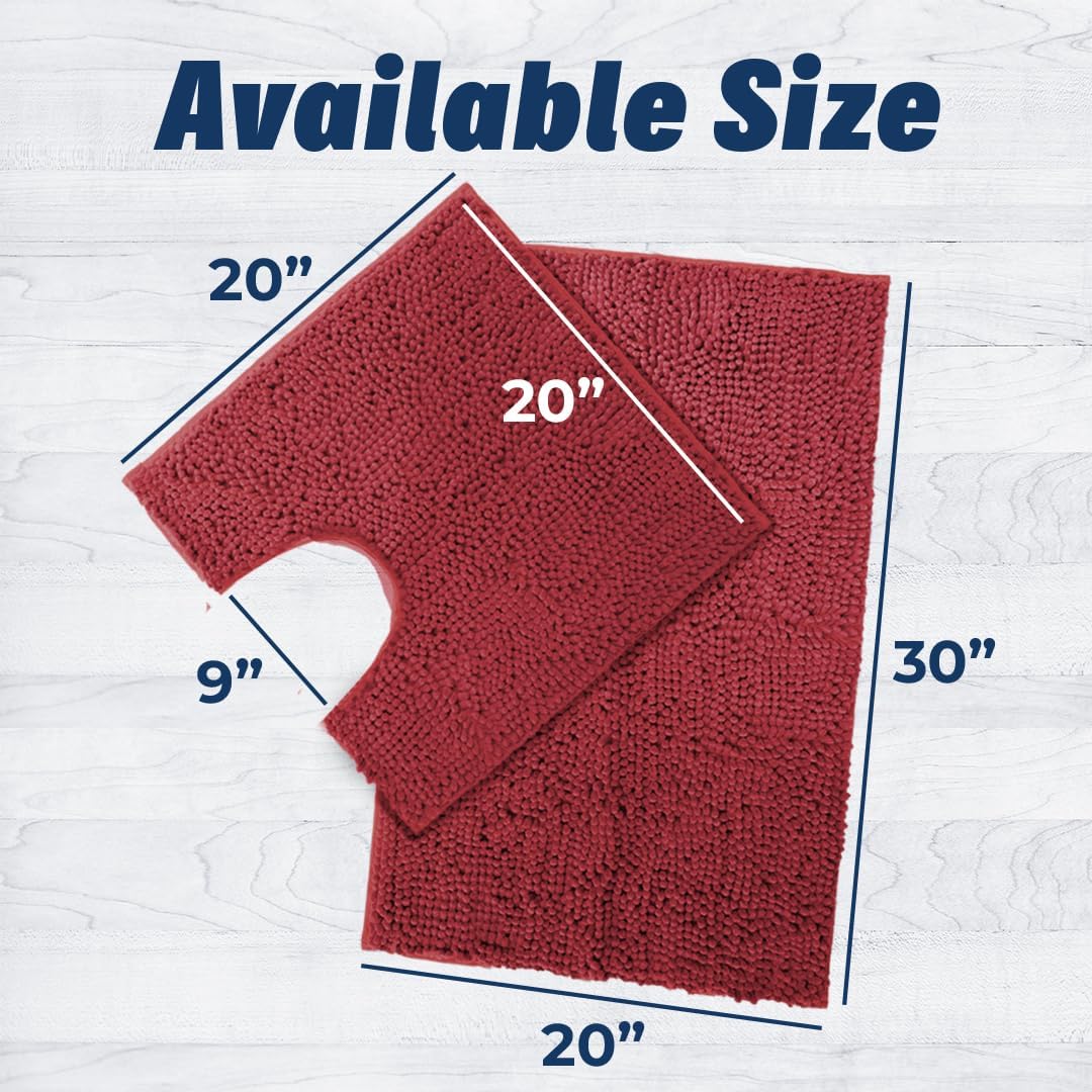 MuddyMat® Chenille Bathroom Rugs Set Quick Dry Microfiber Mats Non Slip Washable, Extra Thick, Soft and Highly Absorbent Bath Mats (20”x30”) with U Shaped Toilet Mat (20”x20”) - Red