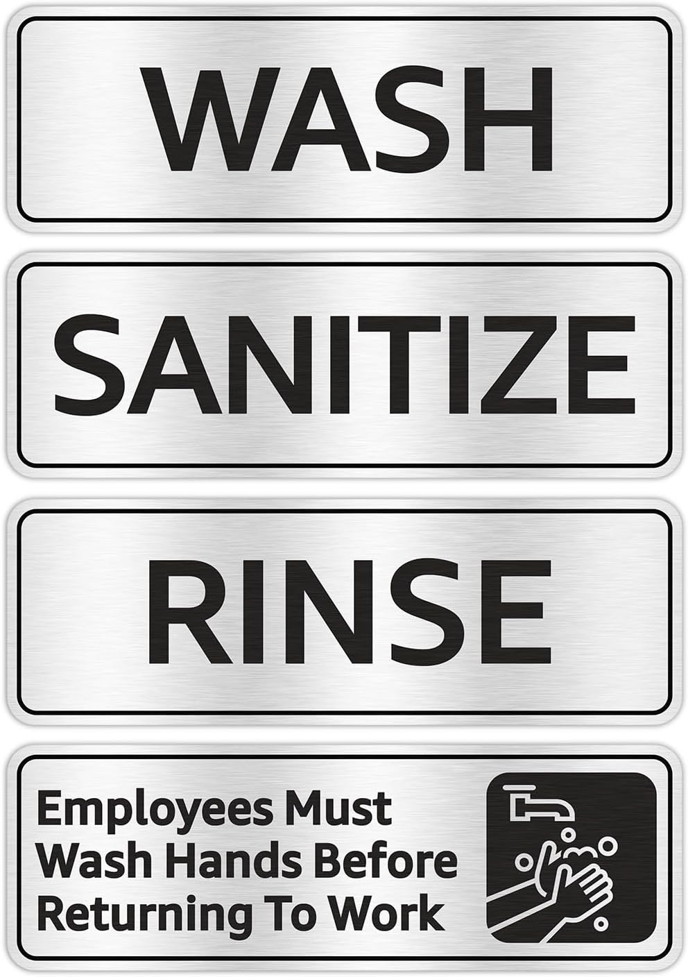 Faittoo Employees Must Wash Hands Before Returning to Work Sign, (4 Pack) Rust Free Brushed Aluminum Sign with Symbols, Self-adhesive, for Restaurant, Salons, Hotel, Rest Stops, Public Restrooms