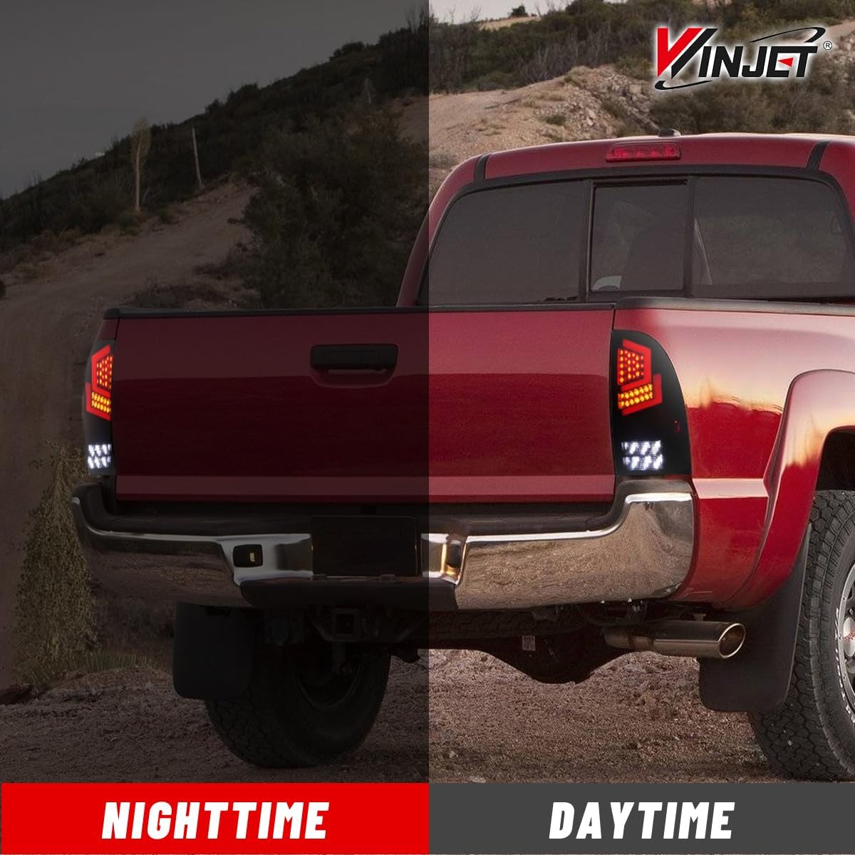 Winjet LED Sequential Tail Lights Assembly For 2005-2015 Toyota Tacoma, Full Led Taillight w/Yellow Sequentail Turn Signal Indicators/Running/Brake/Reverse Light, 1 Pair Rear Lamps (Black/Smoked)
