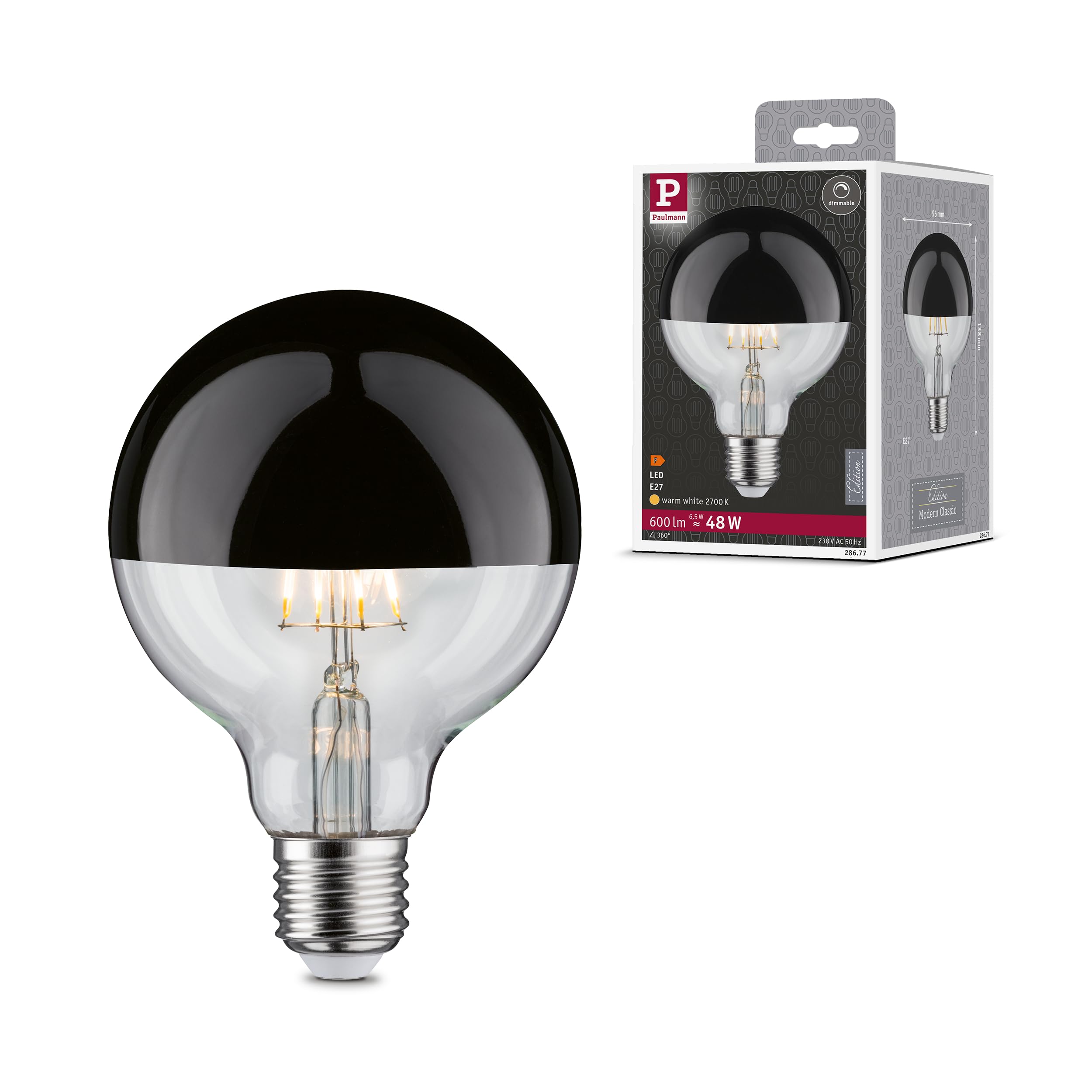 Paulmann 28677 LED Filament lamp G95 6 watts lamp Crown Mirror Black Chrome 2700 K Warm White dimmable E27