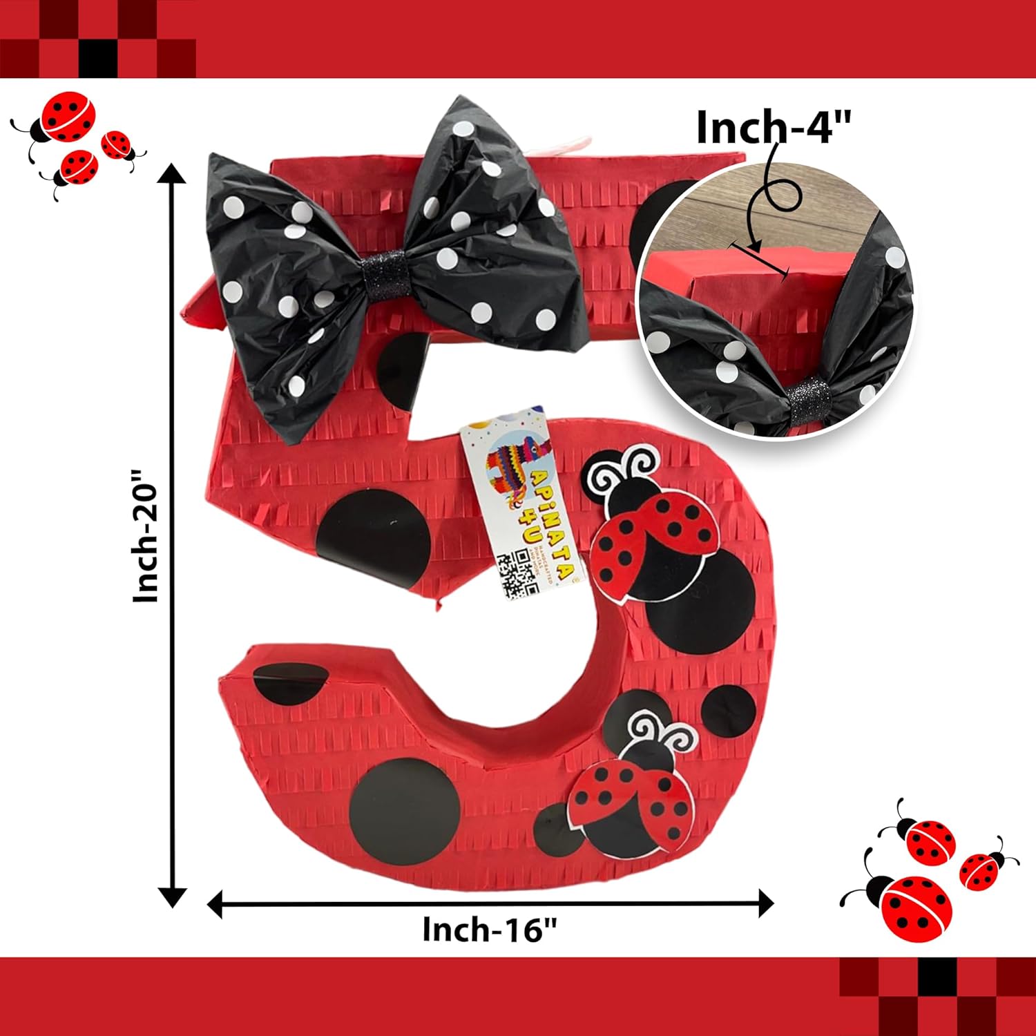 APINATA4U Number Five Red Pinata with Bow, Black & White Polka Dots Ladybug Themed Fifth Birthday Celebrations, Kids Party Decor and Supply, Gift for Kids on Fifth Birthday, 20 X 16 X 4 Inches