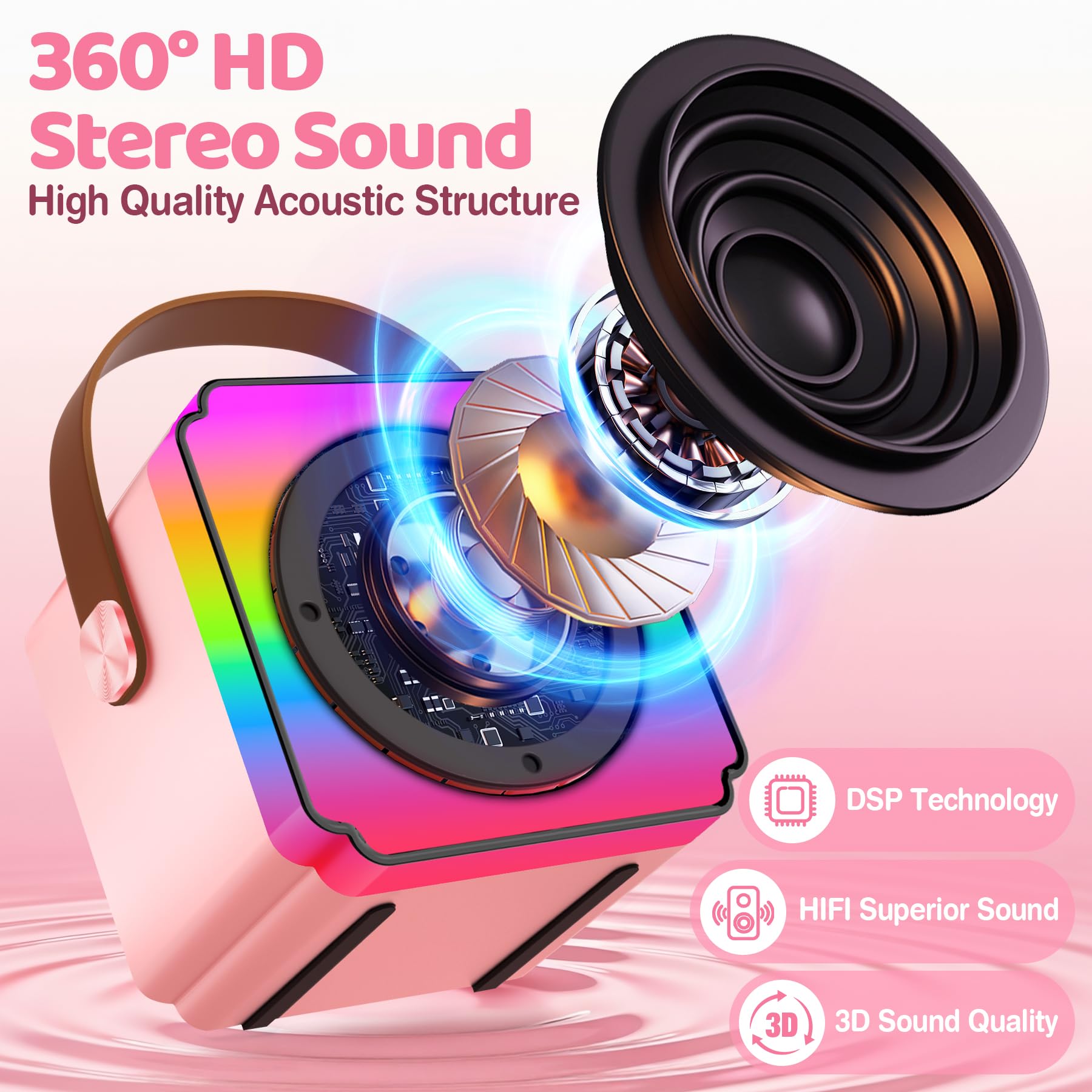 Micro Karaoke Enfant avec 2 Micro sans Fil, Cadeau Anniversaire Fille et Garçon 3-12 Ans, Micro Karaokeavec LED, Effets Vocaux et Carte Cadeau, Jouet Enfant pour Chanter-Rose