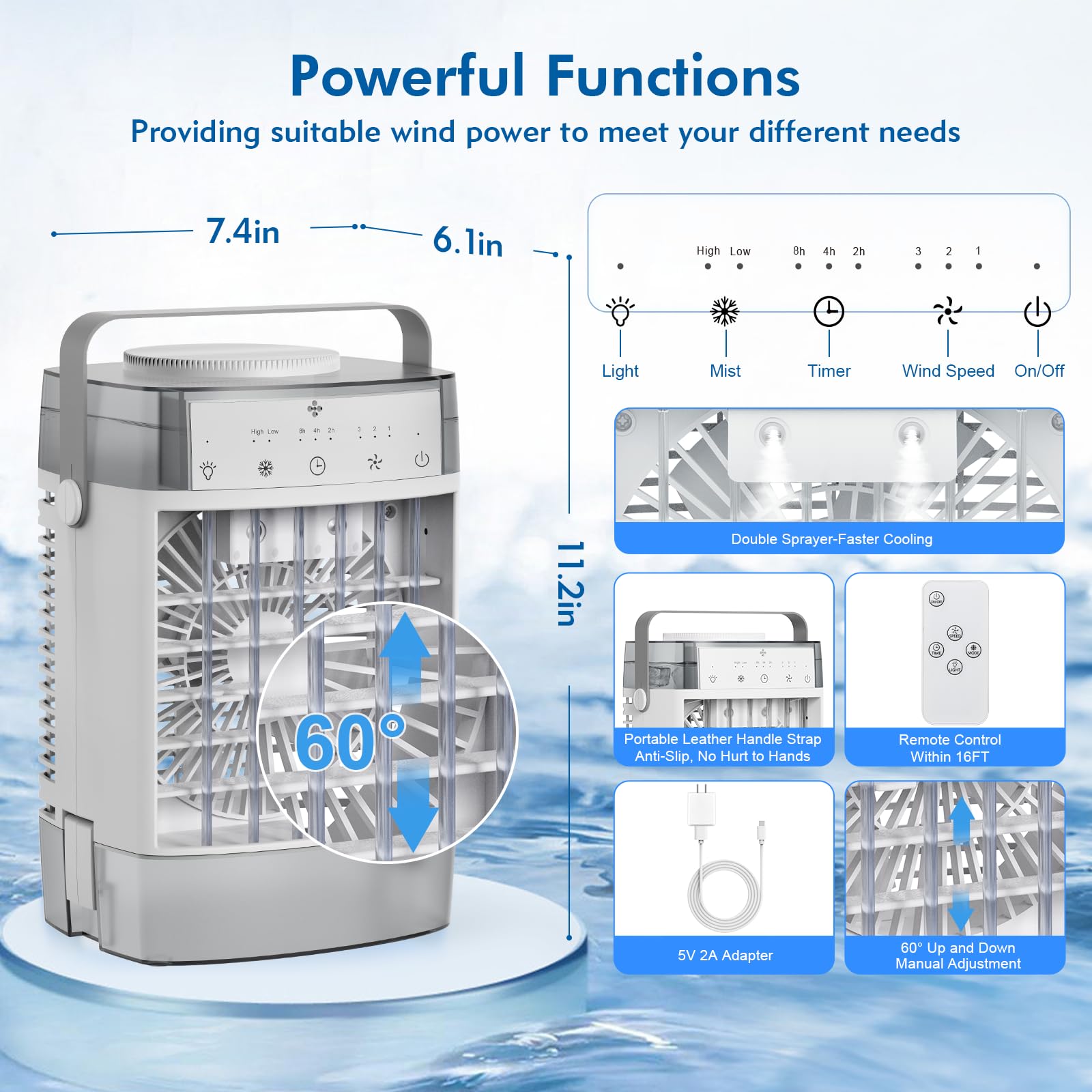Condizionatore d'aria portatile, unità CA 3 in 1, mini condizionatore d'aria personale con serbatoio d'acqua da 1000 ml, timer 2/4/6h, piccola ventola di raffreddamento con ricarica USB (include
