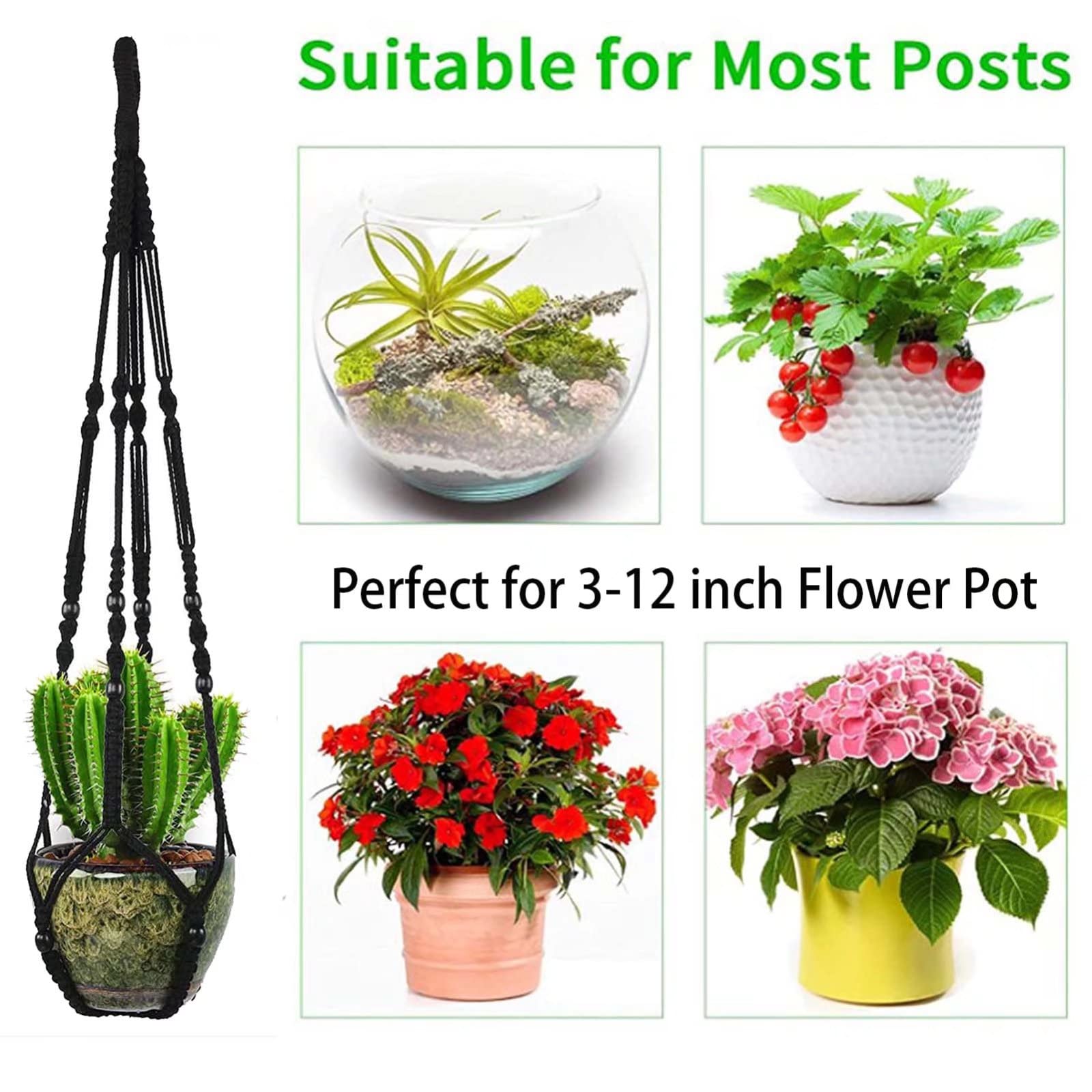 Macrame Plant Holder Indoor Outdoor Hanging Planter Hanger 35'' Ceiling Plant Hanger Boho Handmade Hanging Plant Cotton Rope with 2 Pcs Hooks for Home Balcony Decor, Fits Max 12'' Flower Pot Black
