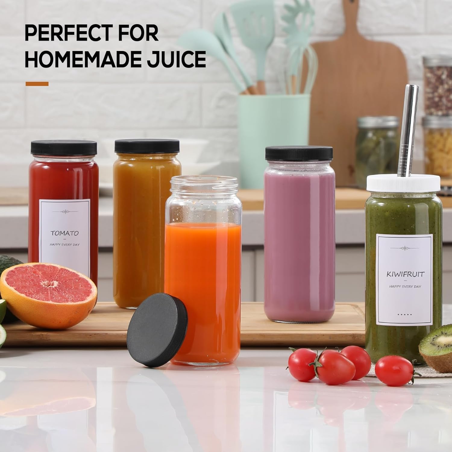 12 PACK, 16 OZ Glass Juice Bottles with Airtight Lids, Bonus 2 Straws & Perforated Lids, Reusable Juicer, Juicing Bottle - Clear Drinking Jars Cups, Water Bottles, Travel Juice Container, Black Caps - Image 4