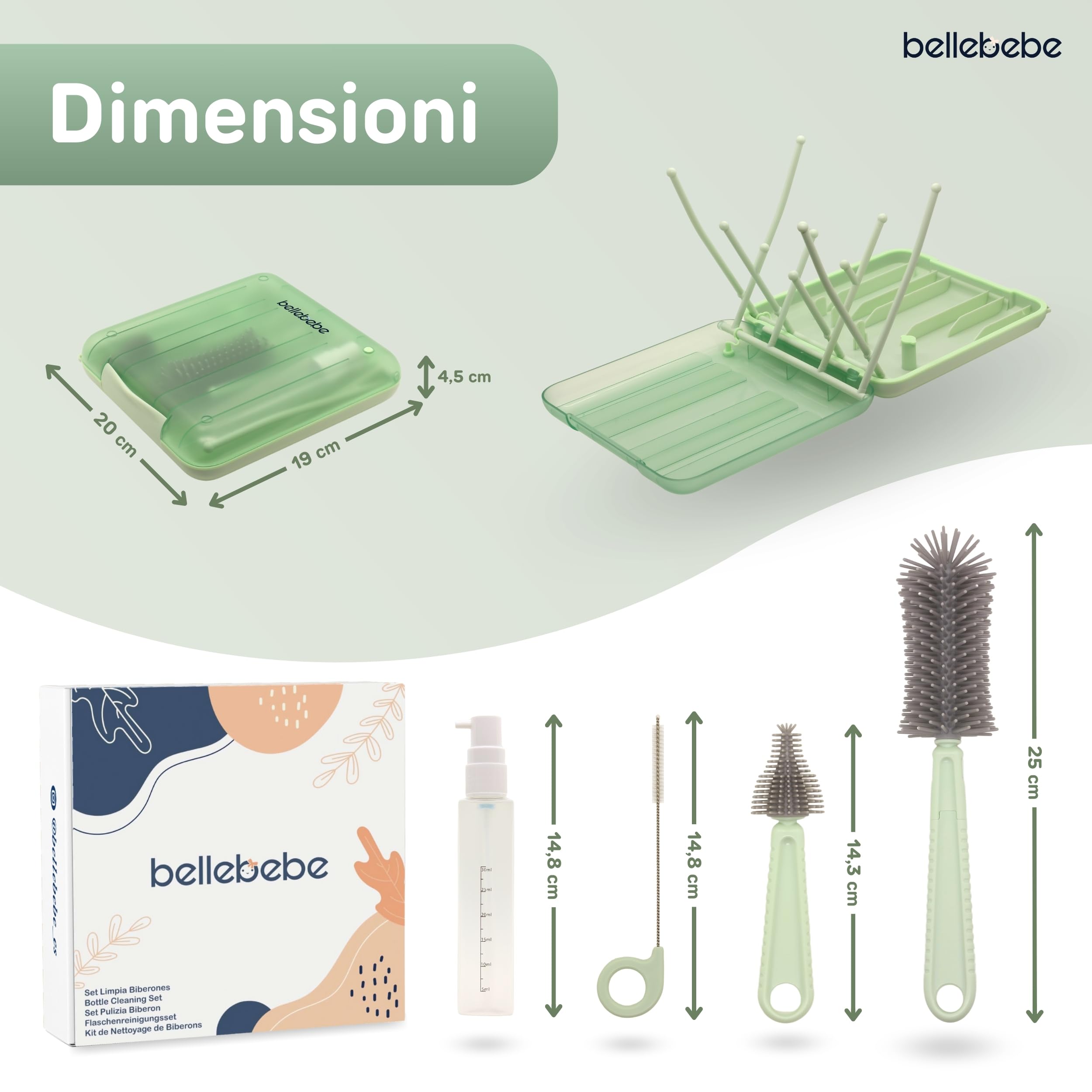 BELLEBEBE Set Escurre Biberones con Limpia Biberones - 6 en 1 Kit Cepillo Limpia Biberones con escurre biberones Plegable - Portatil - Transportable - Regalo para Bebe - SIN BPA - Verde
