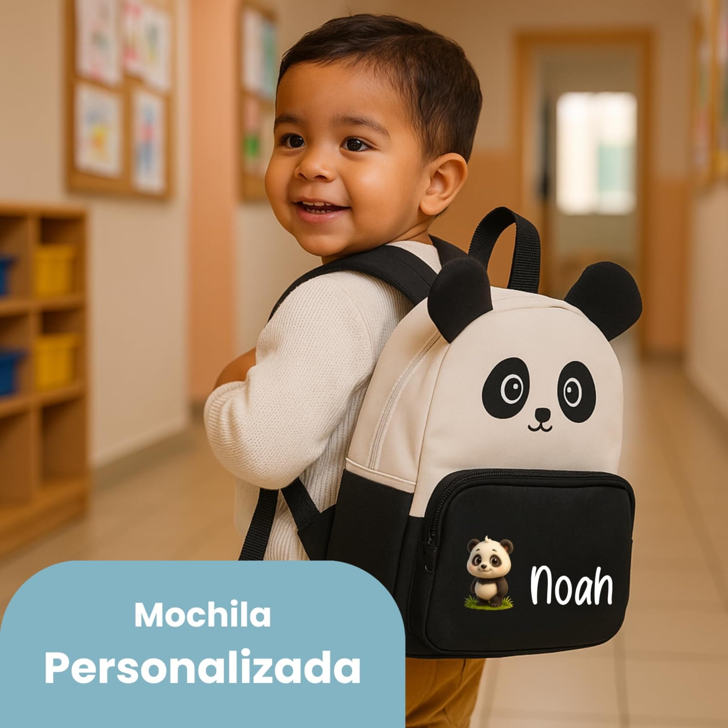 Set Guardería Bebé Personalizado con Mochila, Toallas Bordadas y Set de Higiene, Regalo para Bebé con Diseño de Animalitos (Panda)