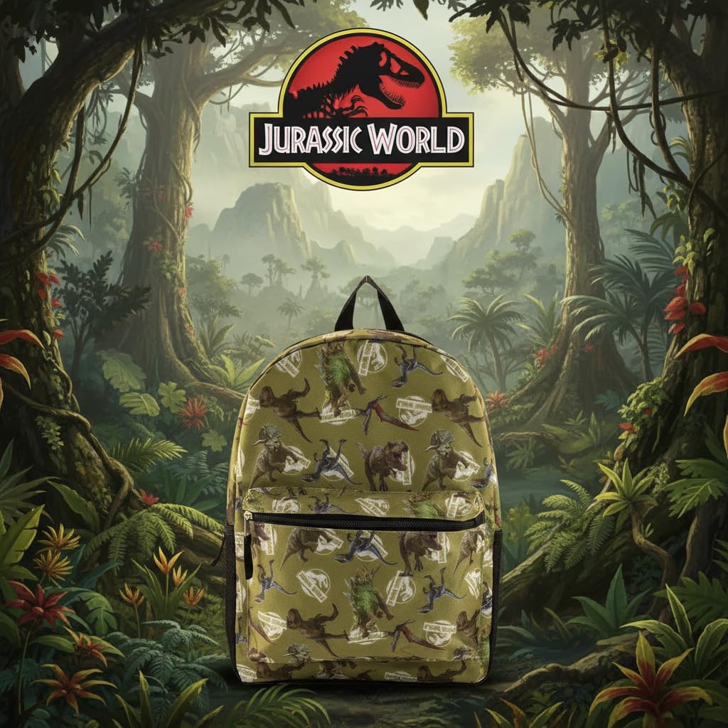 Fast Forward Jurassic World Backpack for Kids | Jurassic World Bookbag Featuring Dinosaur All-Over Print | Toddler Travel Bag, Lightweight Backpack for School | Ages 3+