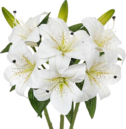Oairse Artificial Tiger Lily Silk Flowers - 3 Pcs Faux Lily Flower 14.9" Fake Lilies Bouquets Faux Stargazer Lilies Stem with 6 Heads & 3 Buds for Indoor Outdoor Home Table Wedding Decor (White)