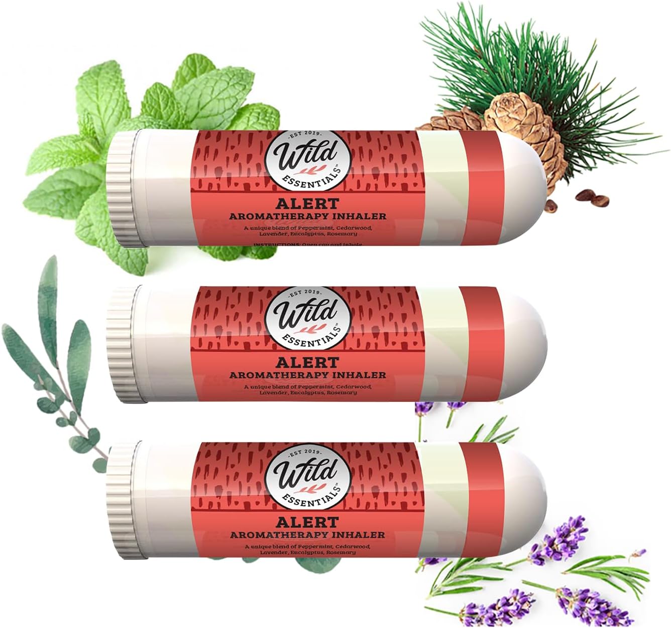 Wild Essentials 3 Pack of Alert Aromatherapy Nasal Inhalers Made with 100% Natural, Premium Grade Essential Oils to Help Keep You Awake and Energized,