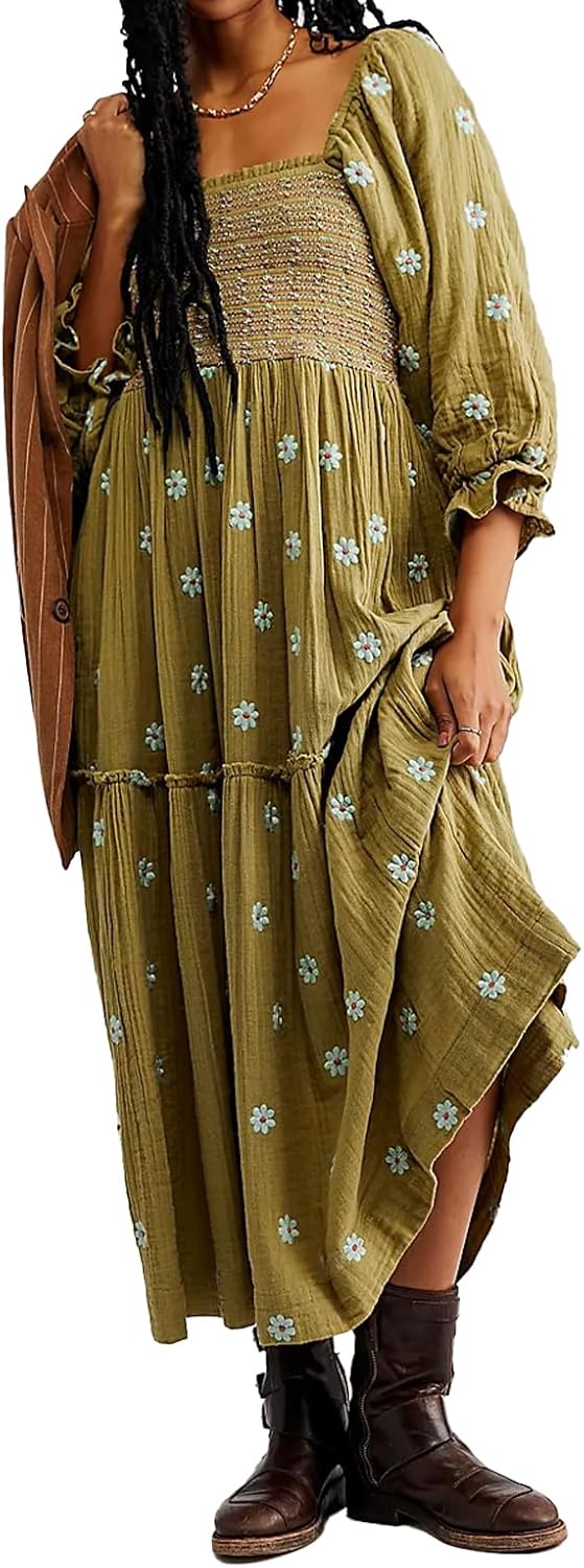 Women Floral Embroidered Maxi Dress Long Puff Sleeve Square Neck Bohemian Flowy Dress with Pockets Summer Fall