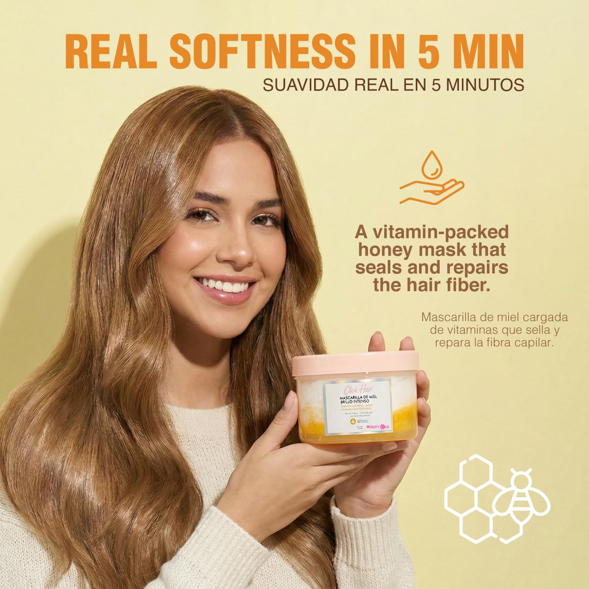 Click Hair Shampoo de Miel, Mascarilla de Miel y Miel para el Cabello (3 Pack) | Hidratación Profunda, Reparación Intensa y Brillo Espejo | Libre de Sal y Parabenos
