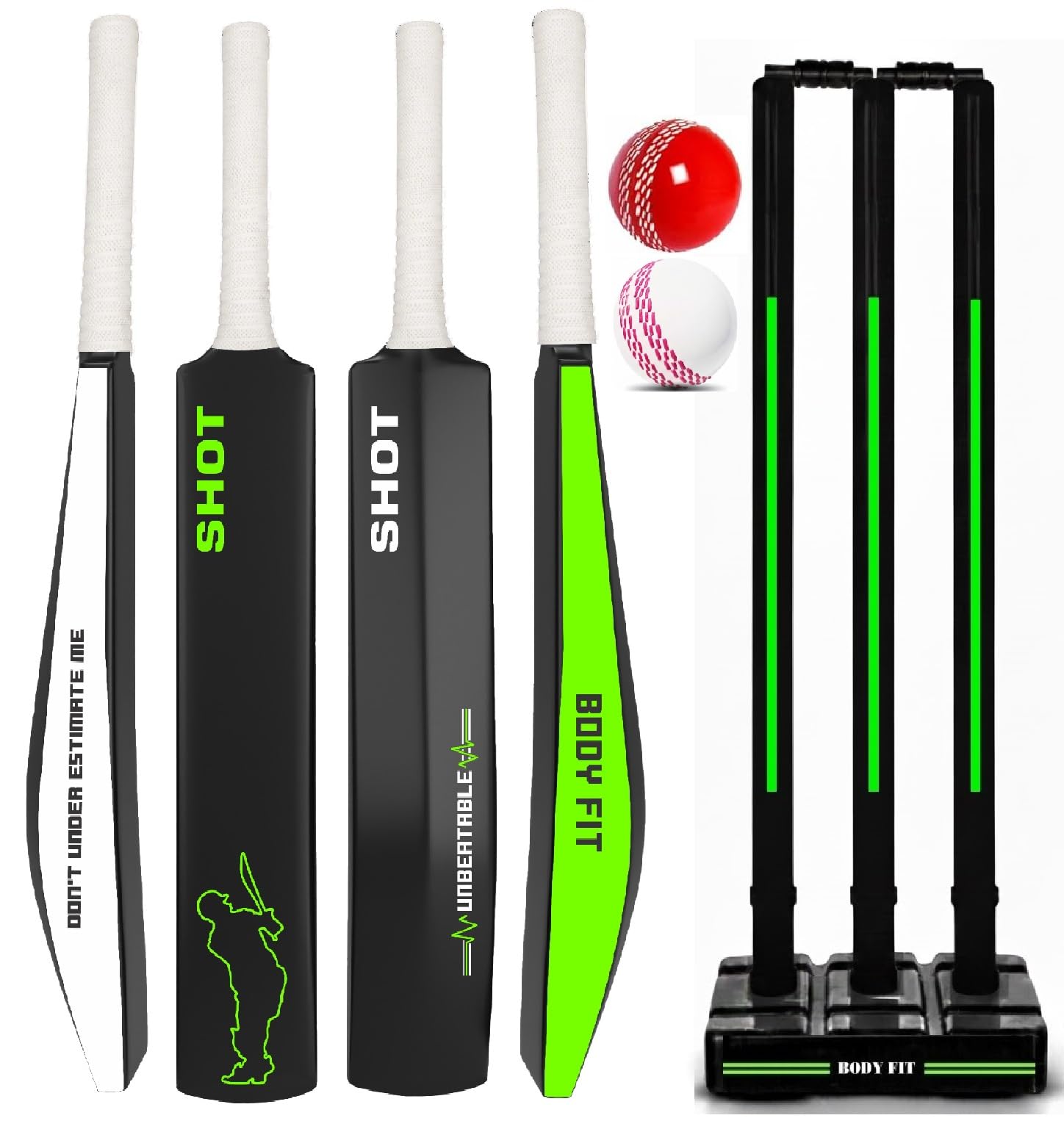 Bodyfit Heavy Duty Plastic Premium Cricket Kit Set | Lightweight| Full Size| | Hard Plastic Bat| Premium Cricket Wicket Set l 3 Stumps+2 Bails+1 Stand Set, 2 Balls, Ultimate Style,Shot Green. | Complete Cricket Set, Plastic Stumps Included, Dual Ball Set, Black & Green Design, Unbeatable Shot Series-picture-24