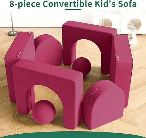 Miniatura 4 de linor Sofá infantil de 8 piezas, sofá modular para niños con 2 bolas, juego de sofá de espuma 8 en 1 para niños (rojo rosa)