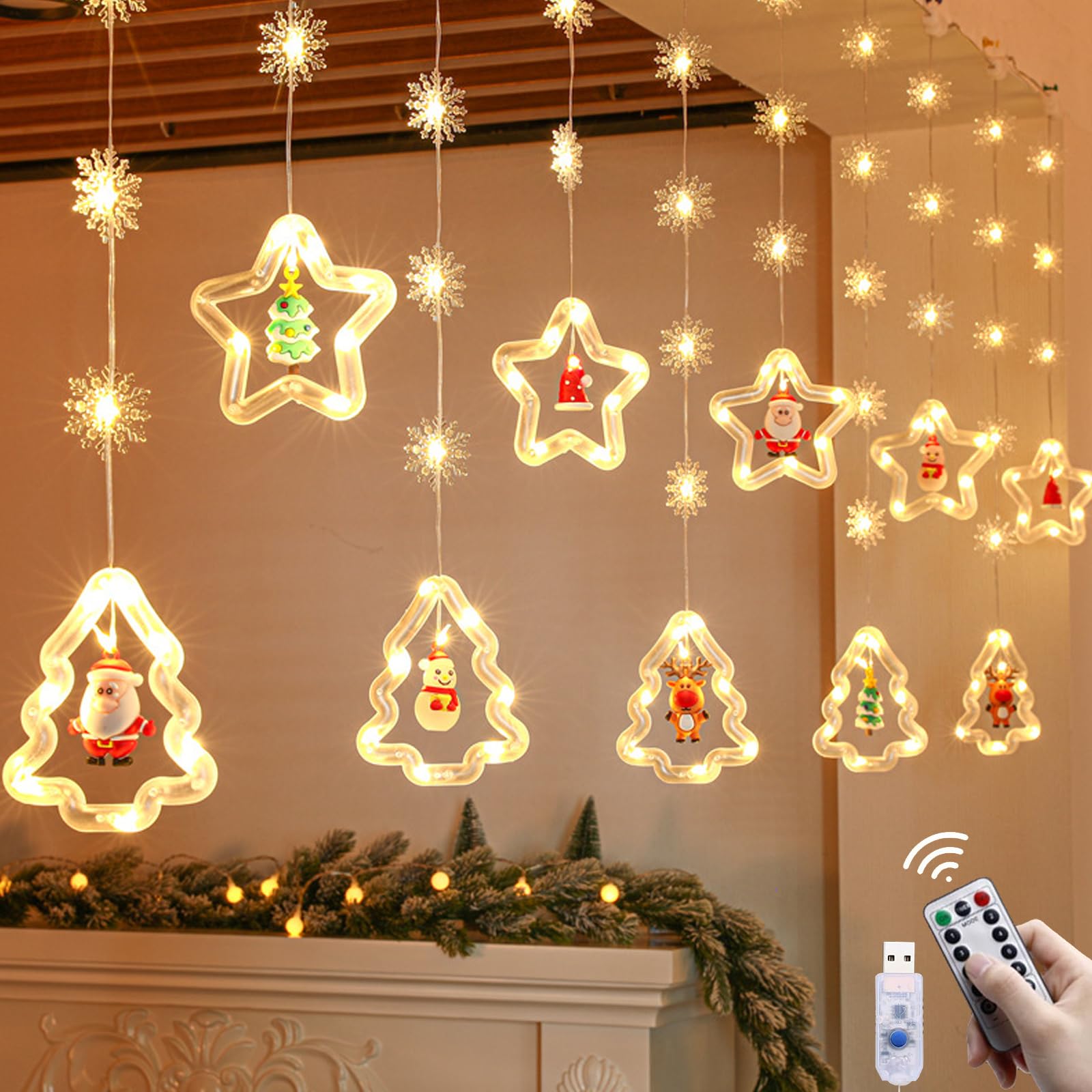 HUIKUANGEU Guirnaldas Cortina Luces,Cortina de Luces con Estrella,Cortina Luces Navidad,Cortina Luces Navidad,Adornos Navideños,Guirnalda Luces de Navidad Decorativas,Leds Guirnaldas Cortina Luces