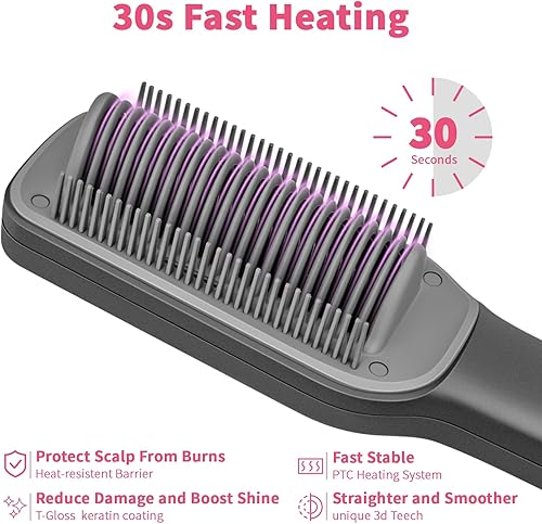 Miniatura 7 de Cepillo alisador de cabello, cepillo de alisado iónico 2000 para mujeres con 5 temperaturas 20 segundos, calentamiento rápido de doble voltaje,