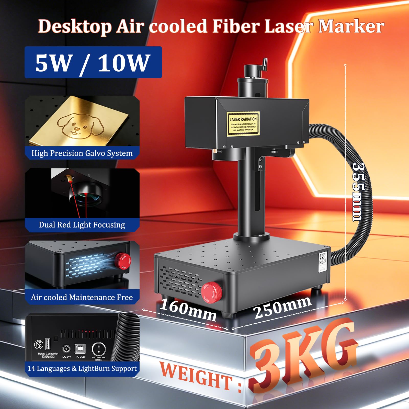 5W 10W Machine de Marquage Laser à Fibre, Graveur Laser de Bureau pour Métal Acier Inoxydable Aluminium Bijoux Plastique, Graveur Laser Portable pour Gravure Découpe, Lentille 175mm, 220V