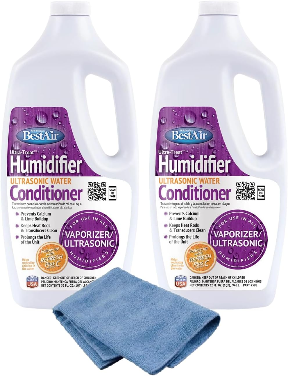 Plexon Microfiber Cleaning Cloth 14"x14" with Best Air 3US Ultrasonic Humidifier Water, Conditioner and Scale Treatment, 32 fl oz (2 Pack) – Prevents Lime & Scale, Enhances Humidifier Performance