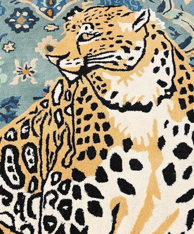 Leopard Area Rug Animal Print 9' x 12' Blue Oriental Accent for Living Room Bedroom Office Decorative Carpet Vintage Floor Decor