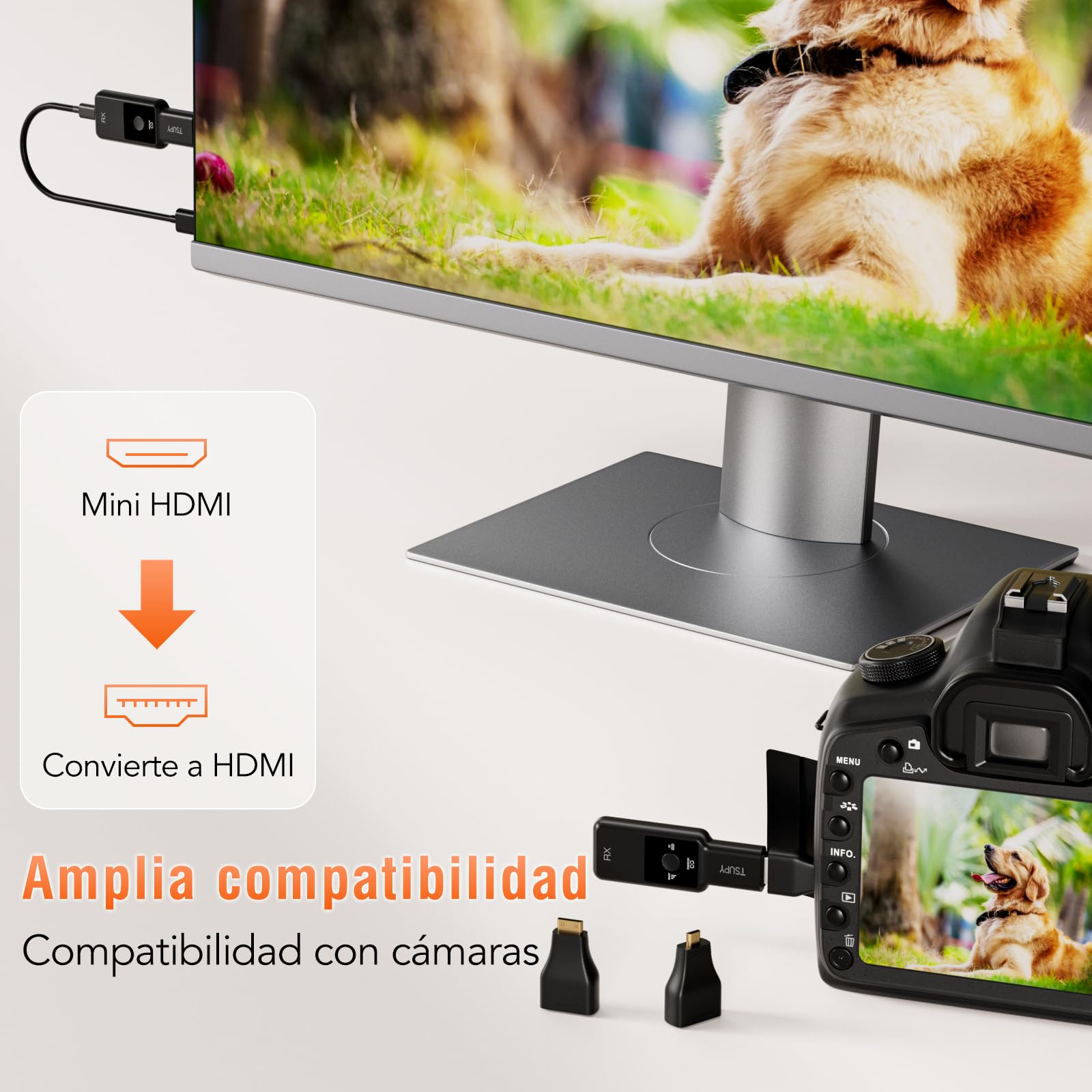 TSUPY Transmisor y Receptor HDMI Inalámbrico 1080P Full HD, HDMI Inalámbrico con Pantalla LED, Alcance de 50 m, 2.4G/5.8G, para Computadora Portátil, PC a TV HD, Proyector, Plug & Play, Negro
