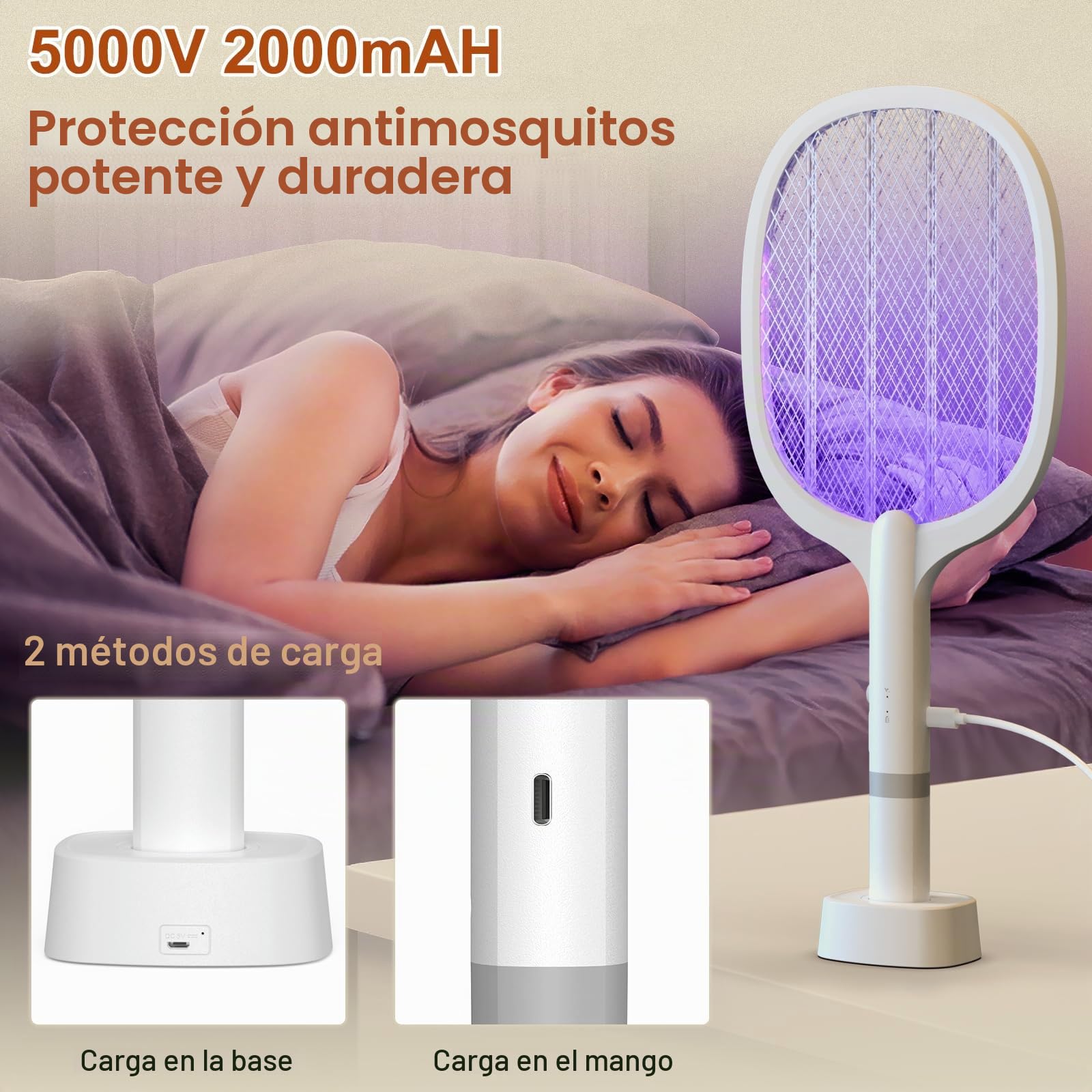 Matamoscas Eléctrico 5000V 1800mAh, Matamosca Eléctrico Extra Fuerte con Base de Carga USB C, Matamoscas Eléctrico 2 en 1 para Mosquitos, Moscas, Abejas, Avispas (2 PCS)
