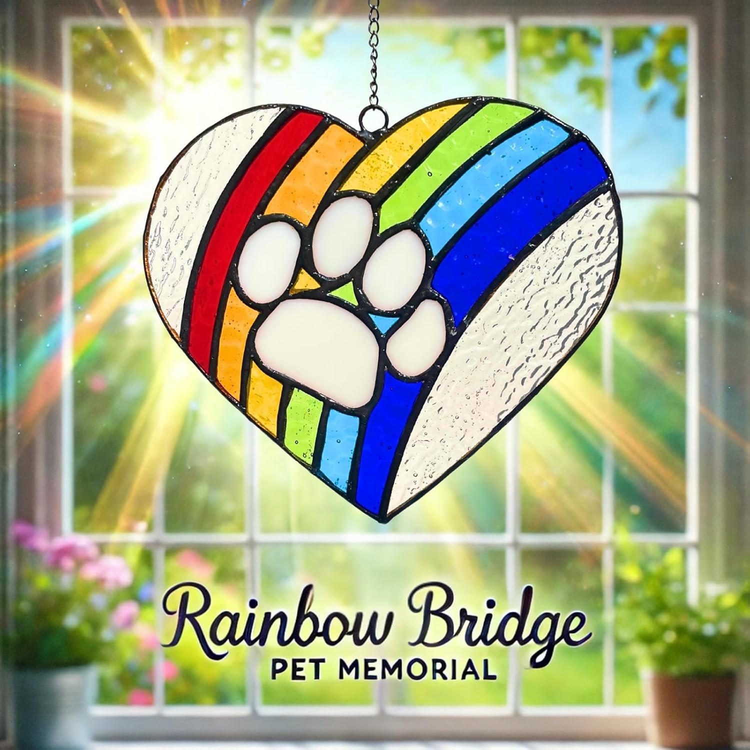 LASTINGTAILS Stained Glass Rainbow Bridge Dog Memorial Gifts, Heart Paw Print Suncatcher, Pet Remembrance for Pet Lovers