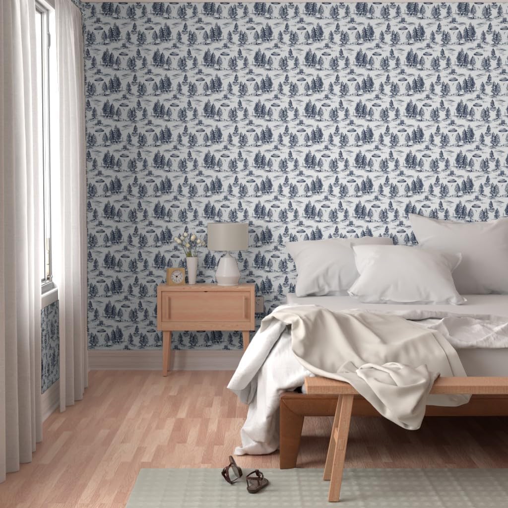 Removable Wallpaper 6ft x 2ft - UFO Toile Alien Small Scale Blue White Whimsical Space Custom Pre-Pasted Wallpaper by Spoonflower